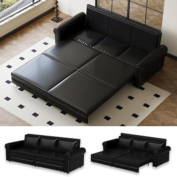 93.7" Sleeper Sofa Bed King Size, Faux Leather Pull Out Couch, Black