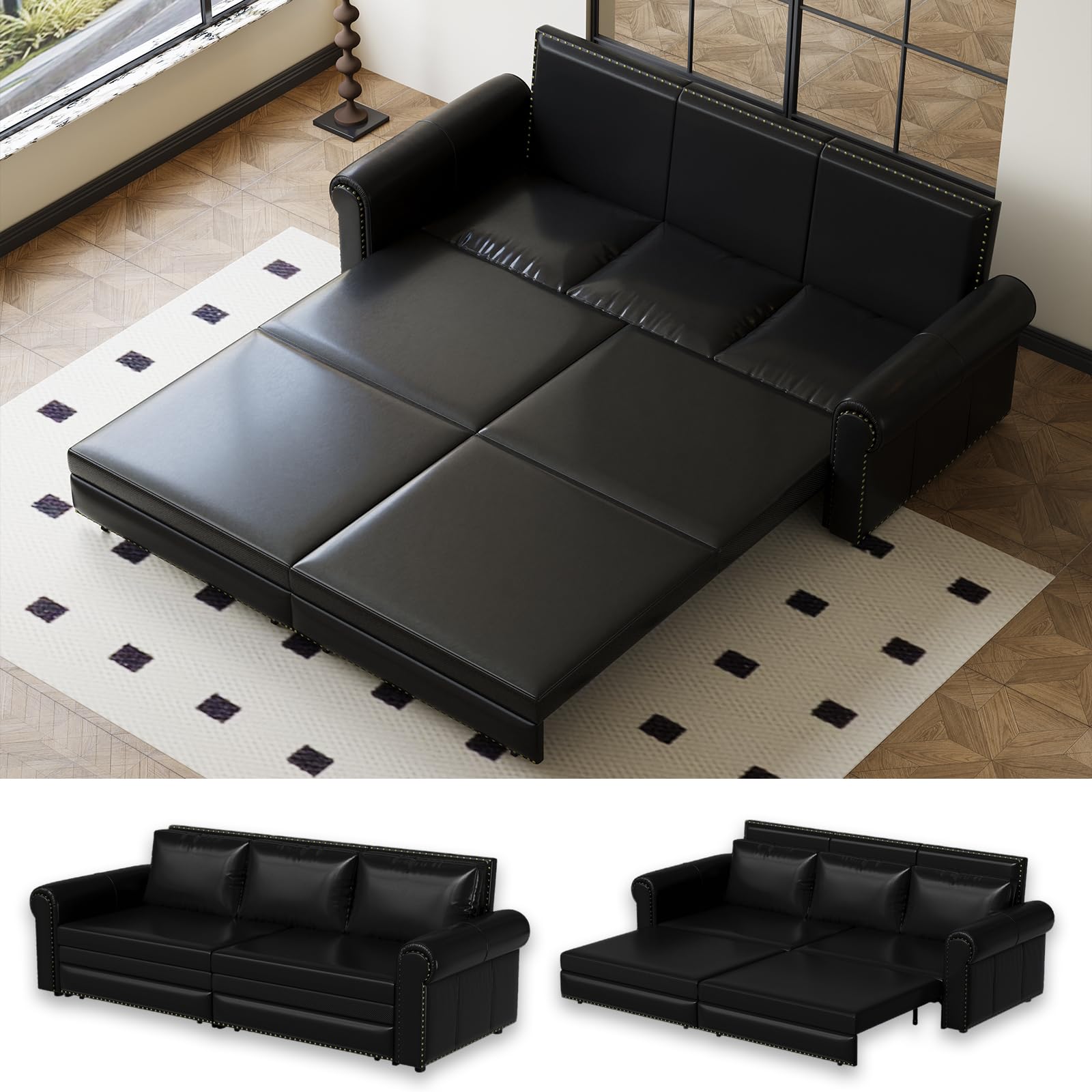 93.7" King Size Sleeper Sofa Bed, Pull Out Sofa Bed, Faux Leather Upholstery, 3 in 1 Convertible Sleeper Couch, Chaise Lounge, Retro Recliner for Living Room, Apartment, Office, Black