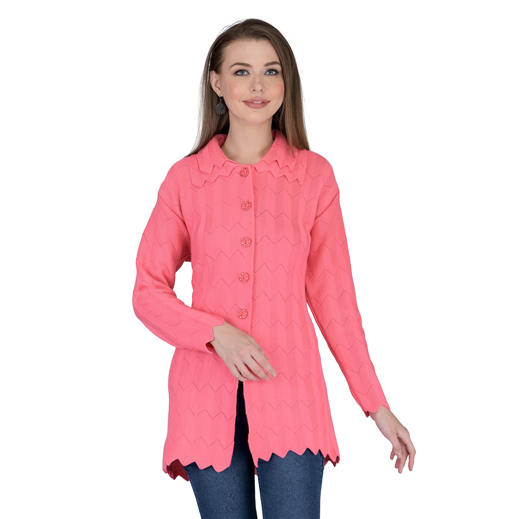homry LADY WILLINGTON Women's Woolen Double Collar Cardigan - Daffodil Fabric, Winter Warmth, Free Size Long Cotton Cardigan (Pink, XL)-picture-21