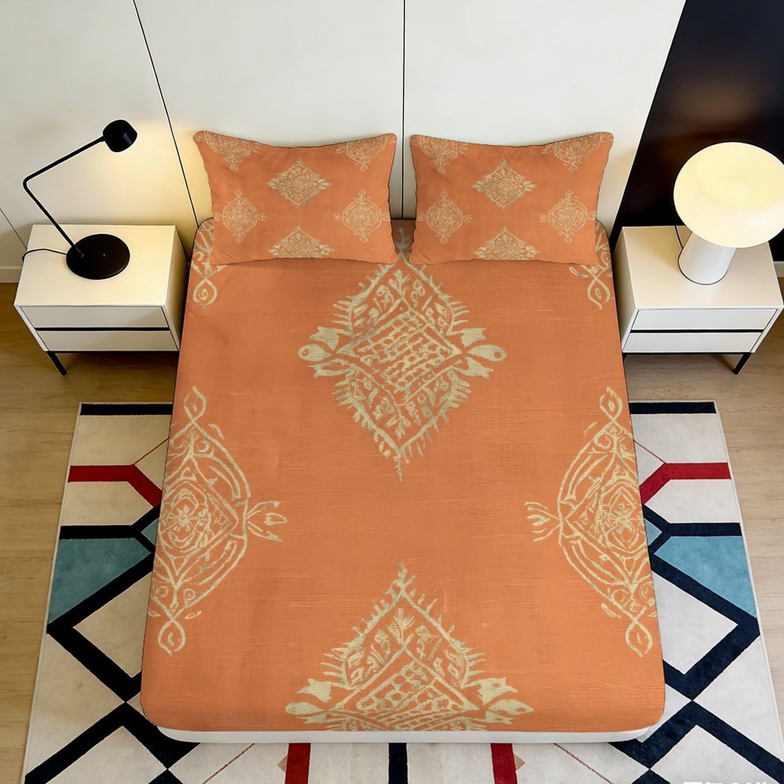 3D Printed Boho Tribal Fitted Sheet Microfiber Soft Orange Ethnic Pattern Mattress Cover for Bedroom Guest Room 90x200x25cm