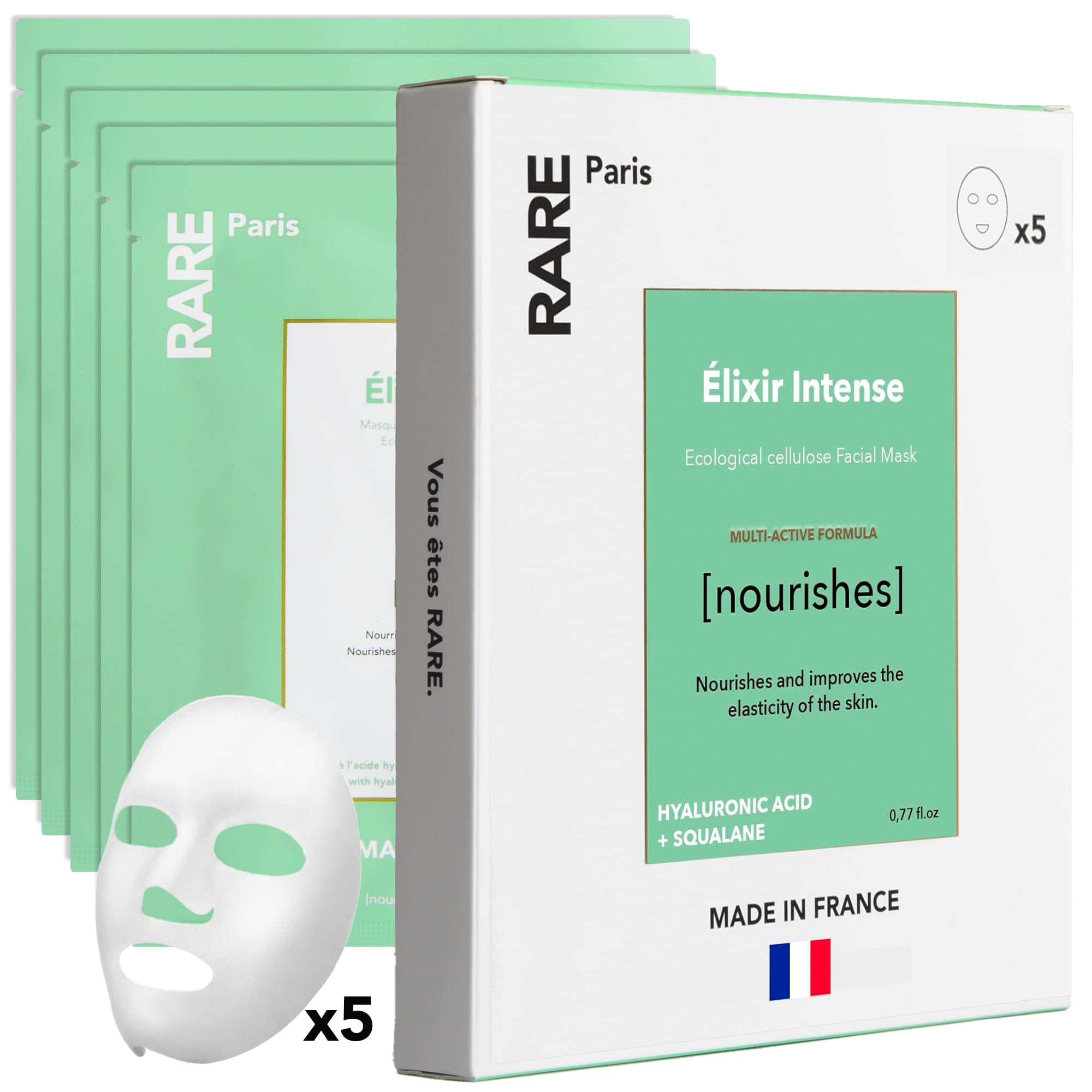 RARE Paris - Élixir Intense - Nourishing Facial Sheet Mask - Hydrating & Brightening - With Hyaluronic Acid & Squalene - Nourishing, Firming & Revitalizing - Multi-Active Serum Formula - 5 Pack