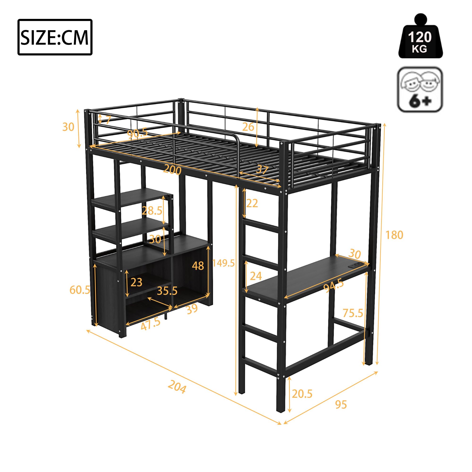 Letto a soppalco 90 x 200 cm con USB e armadietto aperto, letto a soppalco con scrivania e ripiani multipli, letto singolo per ragazzi con scala e ringhiere, letto a soppalco per bambini (senza