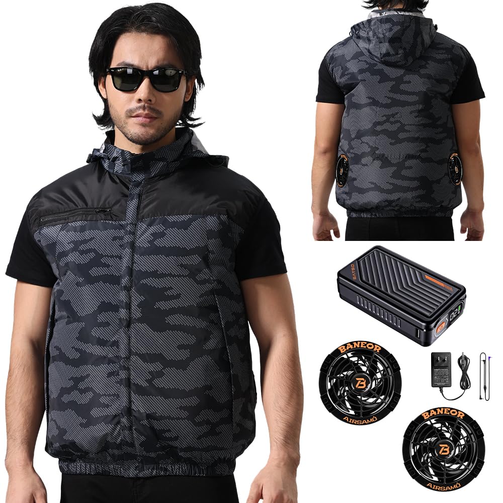 [mobason] 2026革新的な作品 53Vファン付きベスト 46500mAhバッテリー付き 空調付き作業服 UPF 50+紫外線防止 最大14時間連続稼働 7段階風量調節 2種類モード搭載 帽子取り外し可能 PSE認証済 日本語説明書付き
