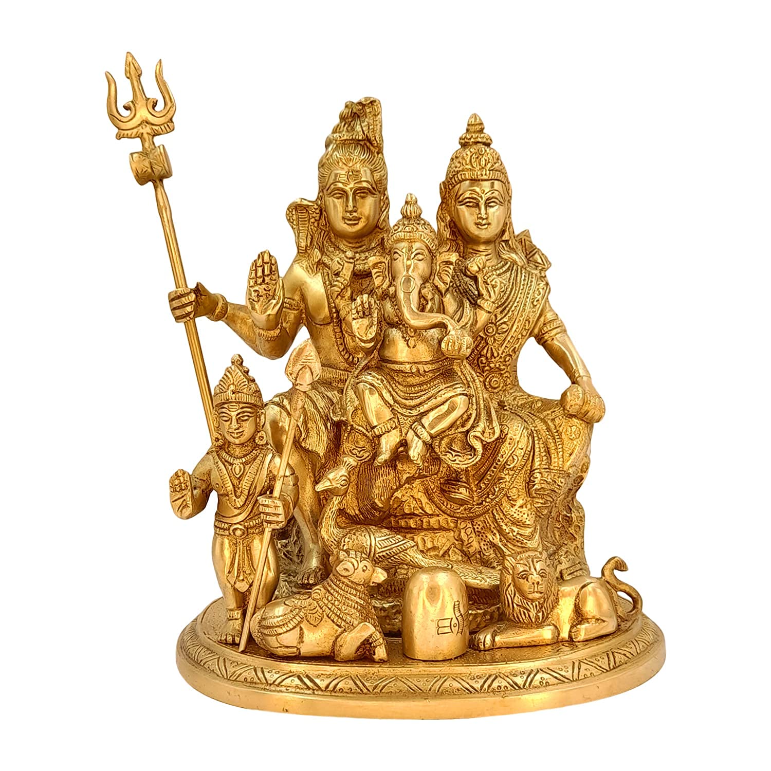 AmiLuv_Collections Brass Shiv Parivar Murti for Home Temple Bholenath Shankar Bhagwan Family with Parvati Ganesh Kartikeya Nandi Peacock Shivling Gold Color Height 9.5 Inch Large Size
