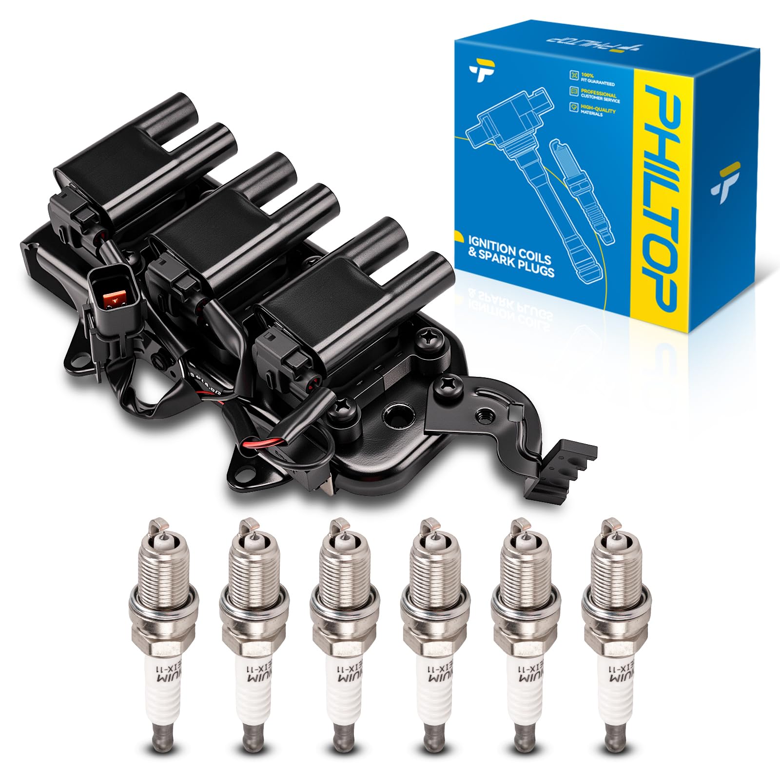 PHILTOP Ignition Coil Pack and Spark Plugs Fits for Kia 2005-2010 Sportage 2.7L, Hyundai 2005-2009 Tucson 2.7L, 1PCS UF498