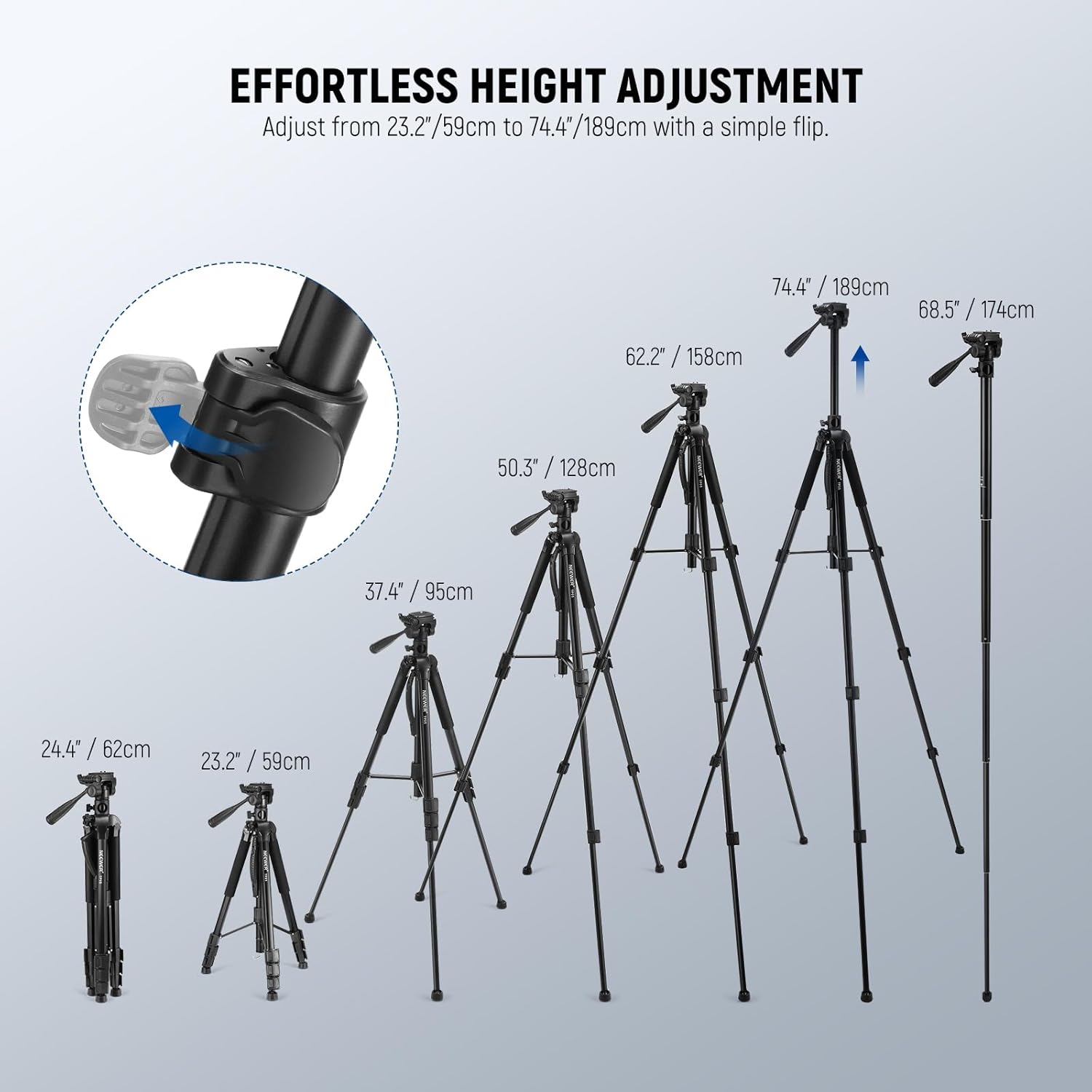 NEEWER Basics TP05 74" Video Tripod Monopod, 3 Way Pan Tilt Head Phone Holder Compatible with iPhone DSLR, Travel Recording Stand, Overhead Camera Mount, Crossbar, 17.6lb Load TP05 w/Phone Holder