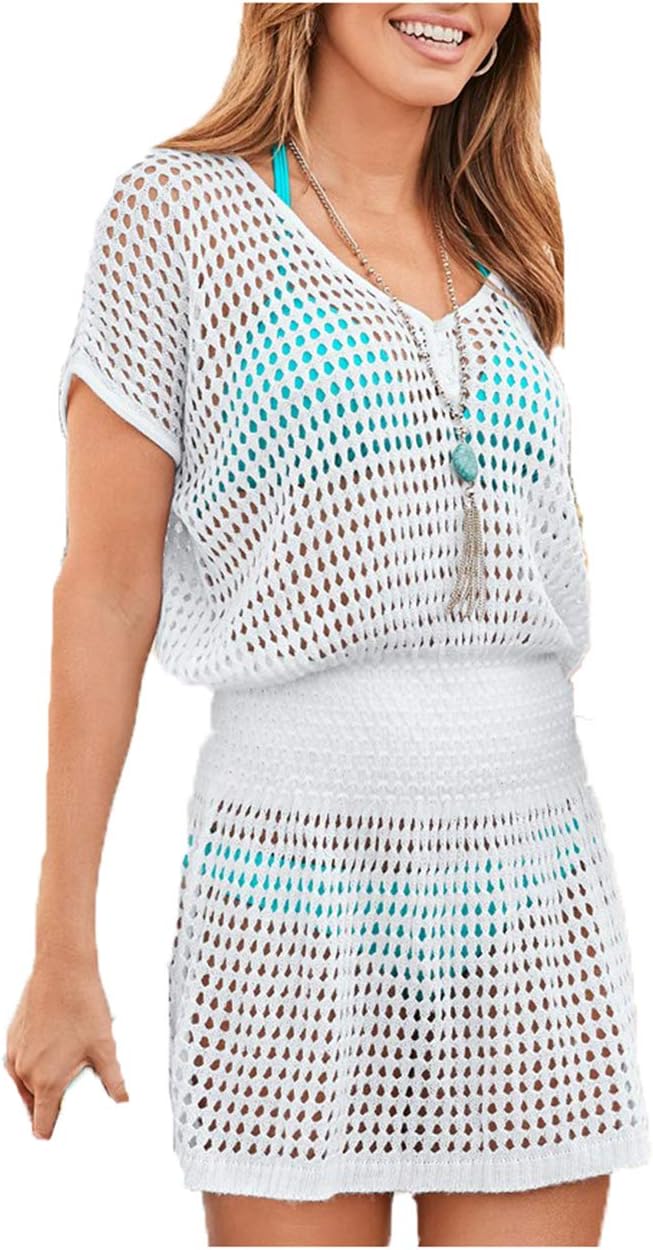 Wander Agio Womens Beach Tops Sexy Knit Cover Dresses Bikini Cover-ups Nets Short Skirt