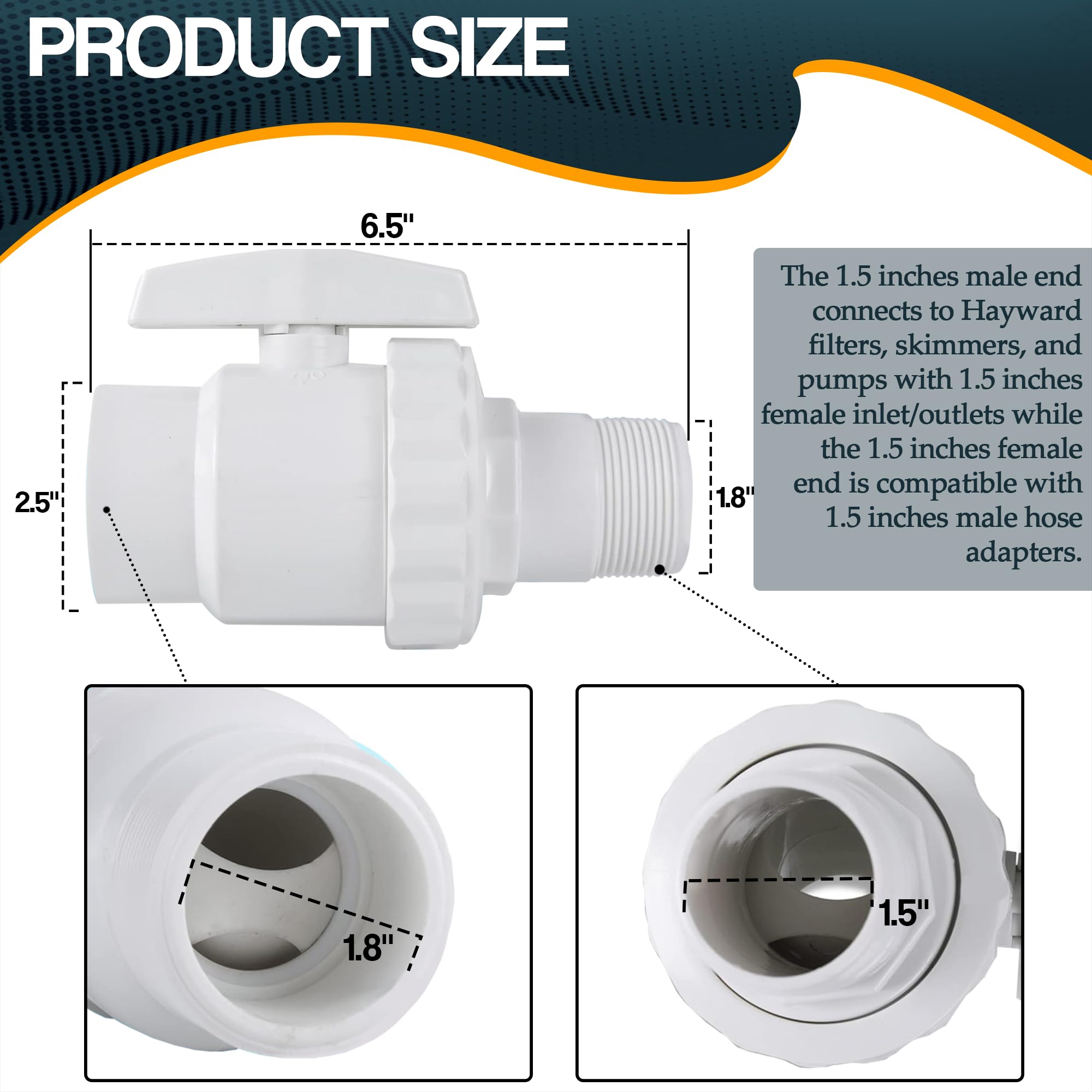 TonGass (Paquete de 2) Válvula de bola de 2 vías MIP x 1.5 pulgadas FIP compatible con Hayward Trimline PN. SP0723