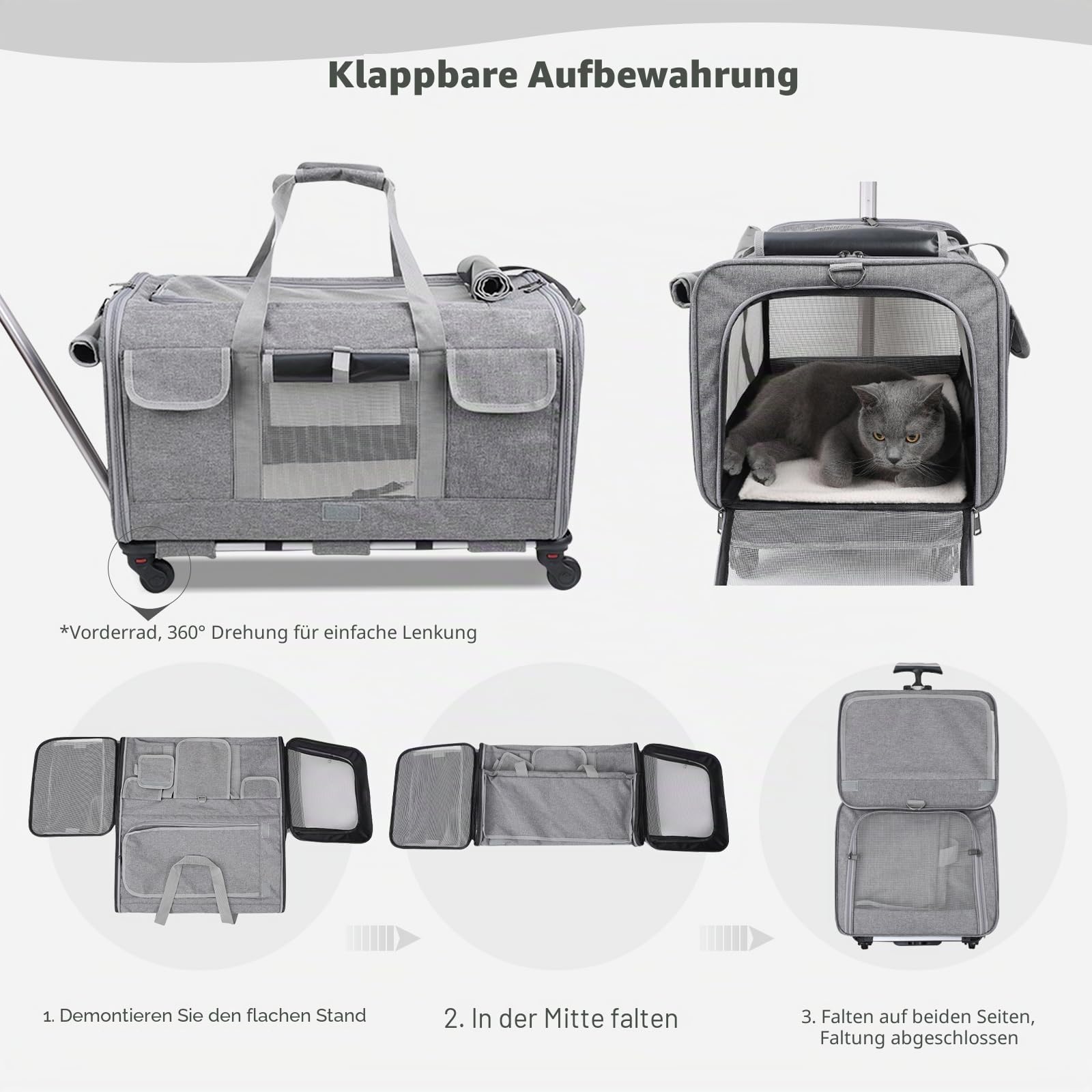 PETCUTE Transporttasche für Katze mit Rollen,Atmungsaktiv Katzen Transporttasche für 2 Katzen,Faltbarer Katzentransportbox Hundetragetasche mit Teleskopgriff,Herausnehmbare Matte, ideal für Reisen