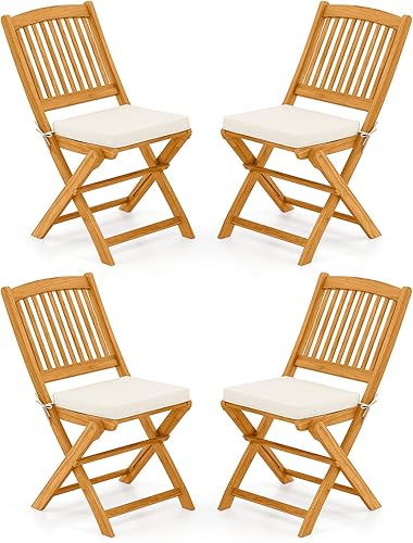 Tangkula 4 sillas plegables de comedor al aire libre, sillas de patio de madera de acacia con cojines suaves, respaldos y asientos de listones,