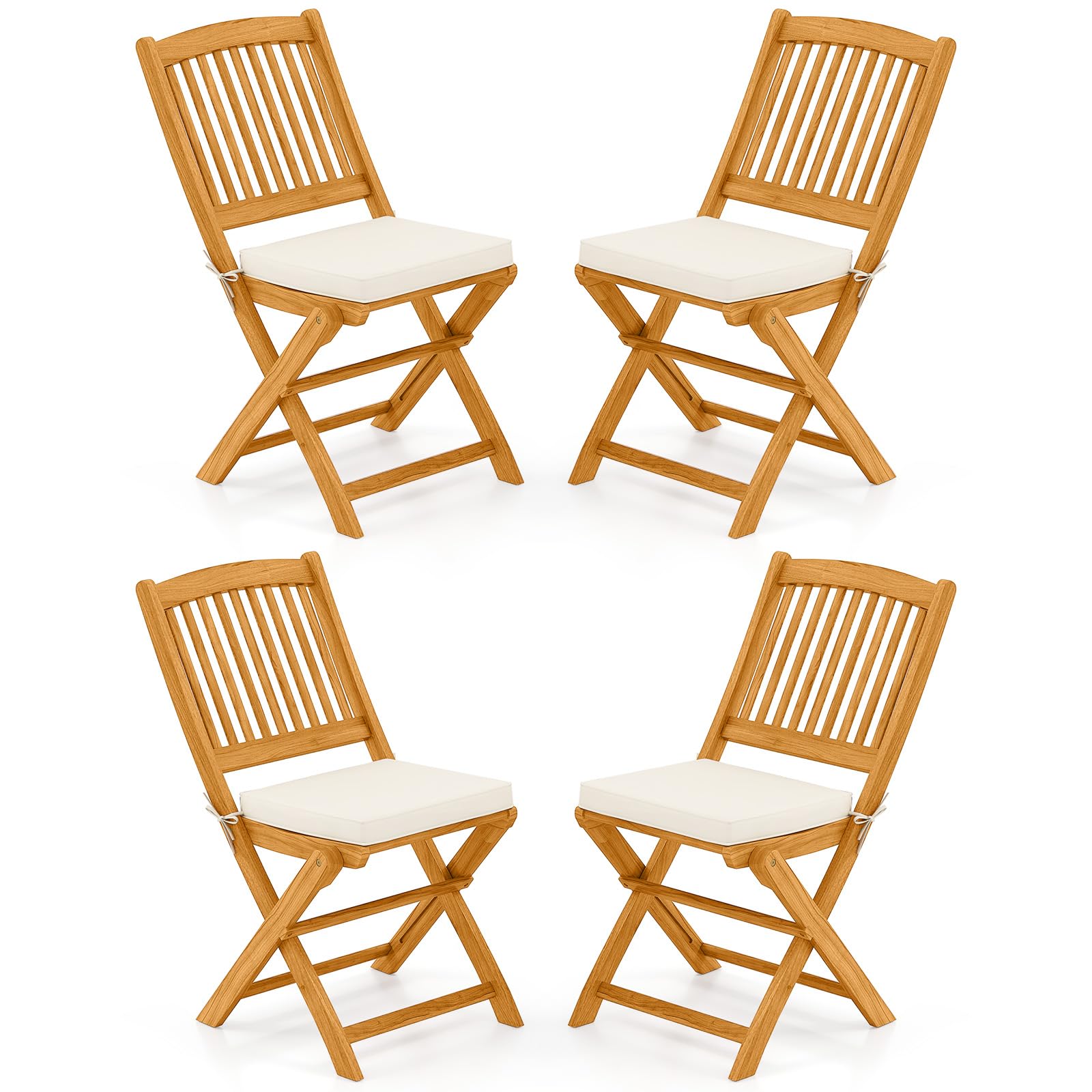 Tangkula 4 Pieces Folding Outdoor Dining Chairs, Acacia Wood Patio Chairs with Soft Cushions, Slatted Backrests and Seats, Outdoor Chairs for Porch,