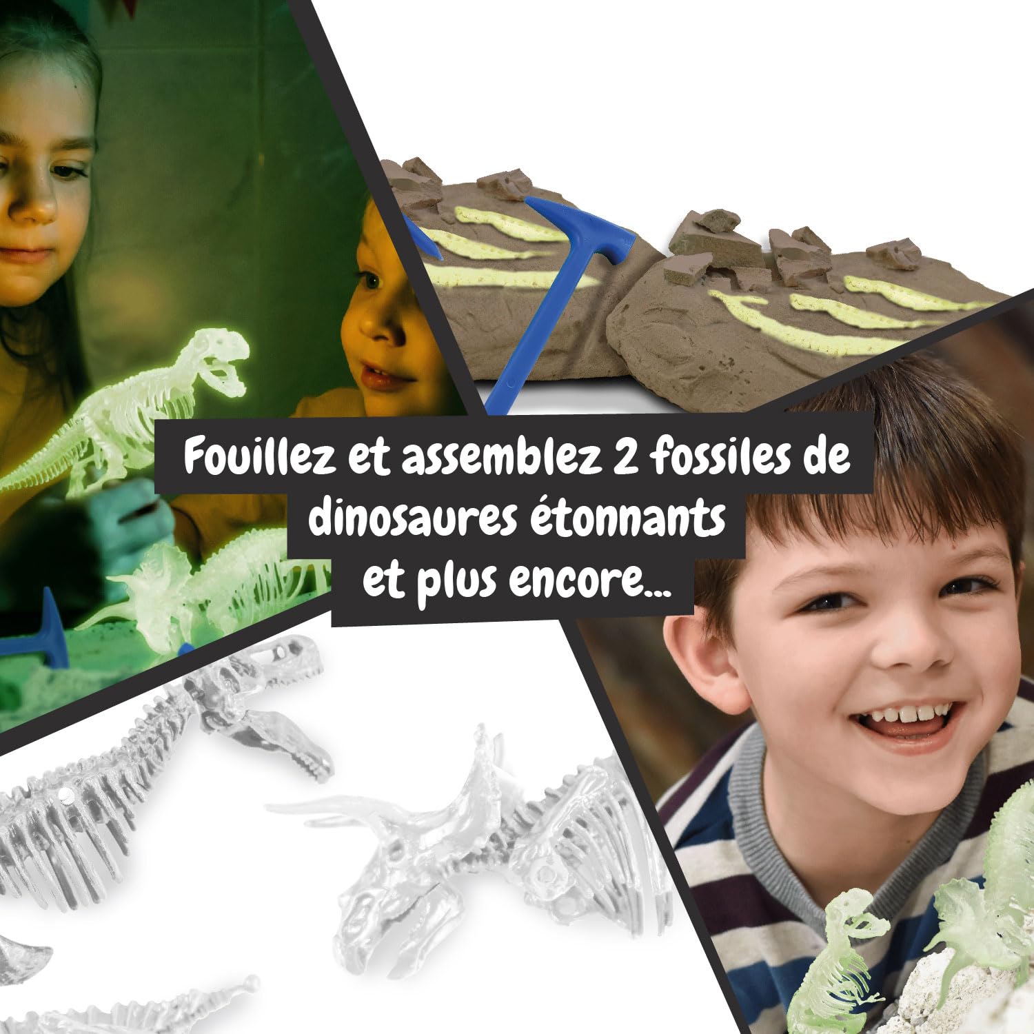 Science4you Kit de Fouille de Fossiles 2 en 1 - Excaver et Assembler 2 Dinosaures Qui Brille dans l'Obscurité, 22 pièces: T-Rex et Triceratops