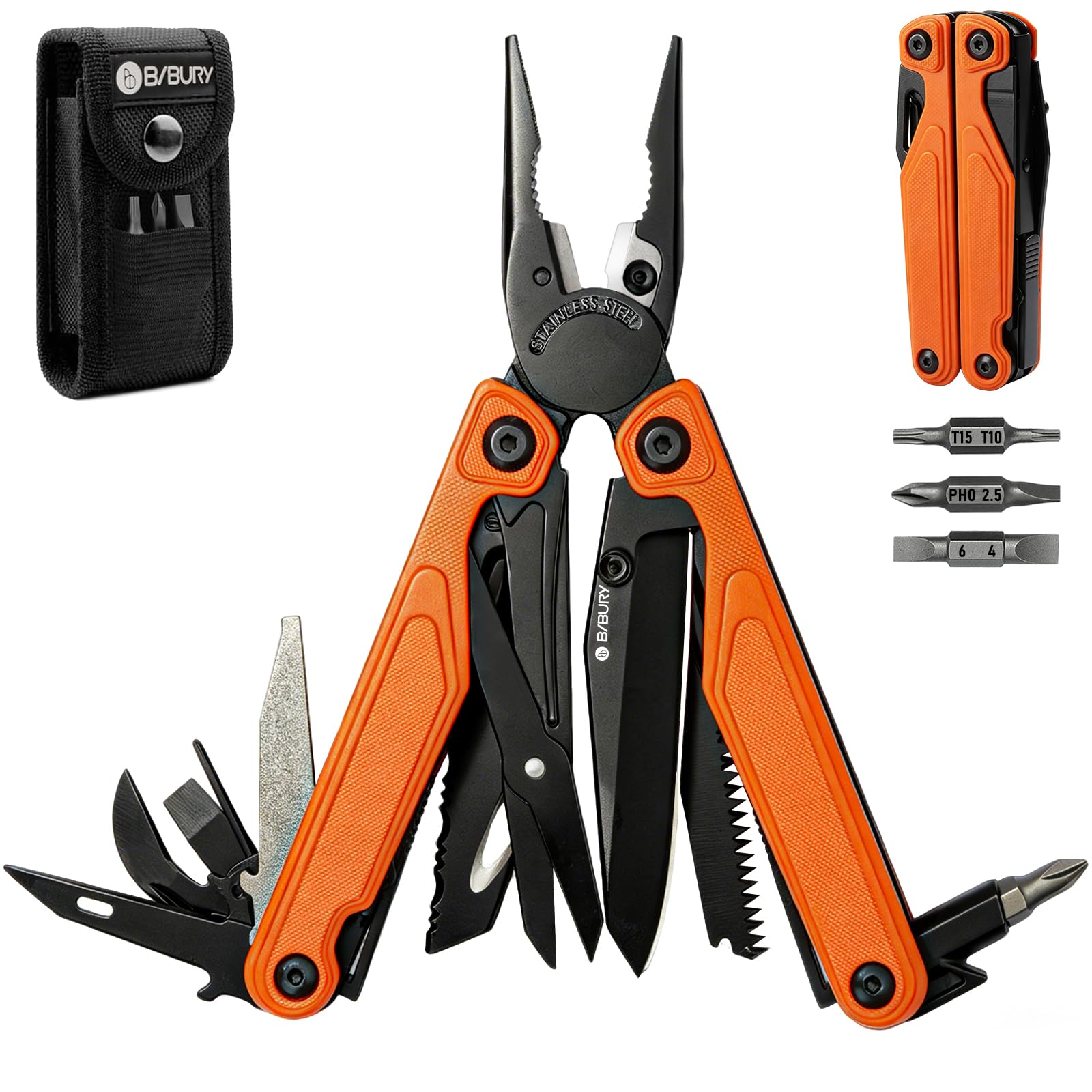 BIBURY Multiherramienta con Mango G10, Alicates Multiusos, Navaja Multiusos con Apertura con Una Mano, Tijeras y Puntas, EDC Multitool para Camping, Senderismo, Reparar y Regalo Hombre (Naranja)