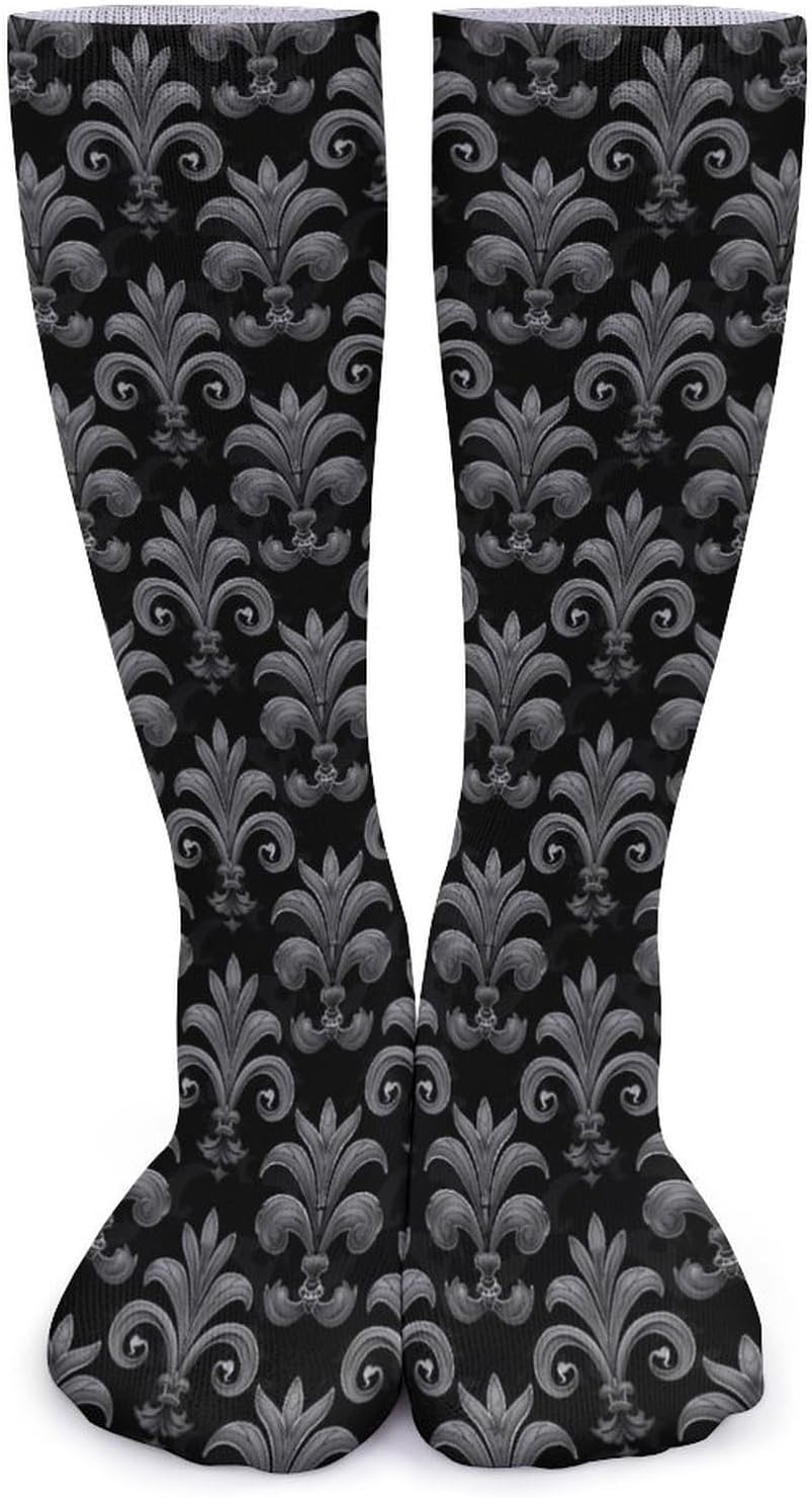 Black Grey Fleur-De-Lis Flowers Knee High Socks Casual Long Stockings Over Calf Sock Tube for Women Men