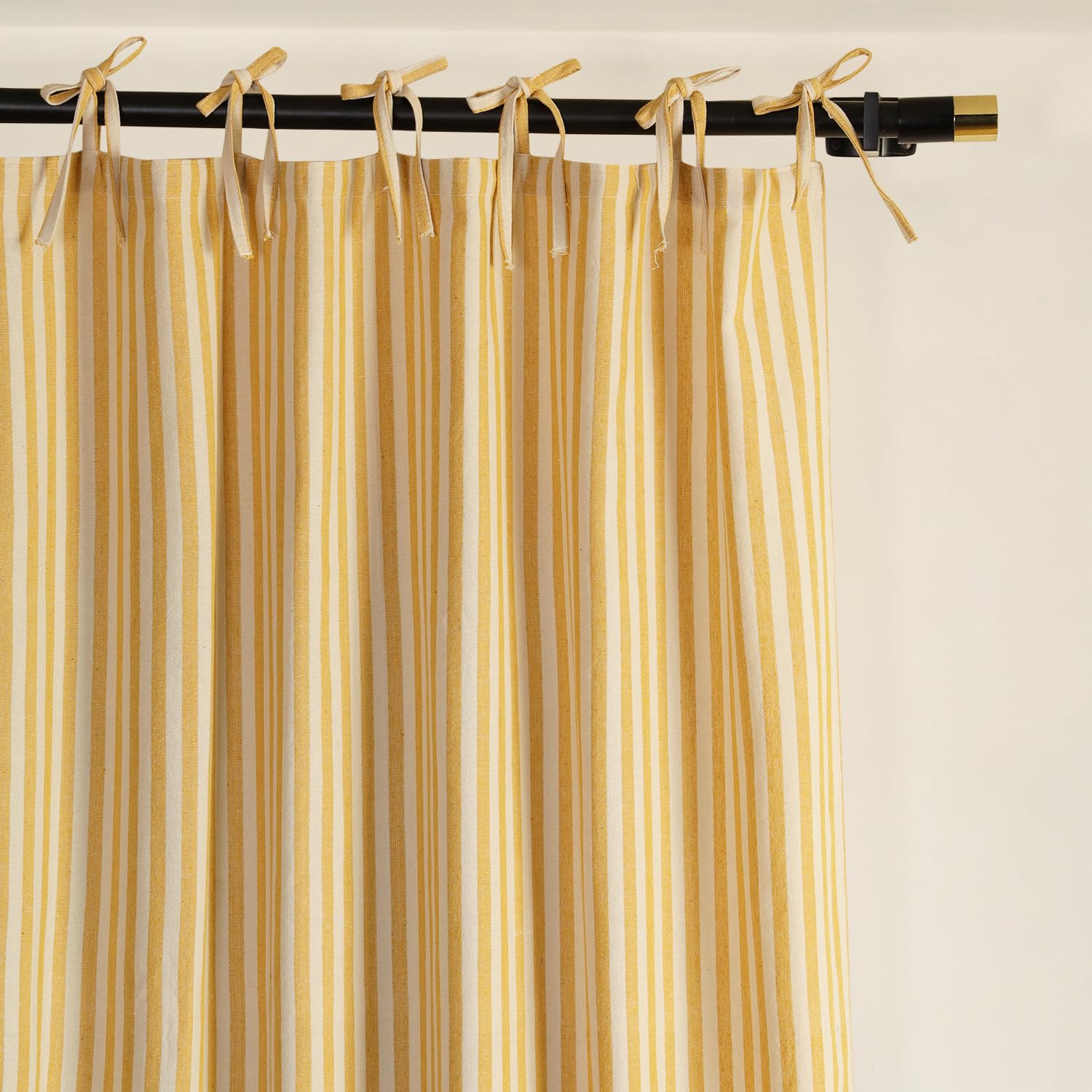 Gauze Ticking Striped Curtains, Boho Linen Gauze Tie Top Hanging Light Filtering Pinstripe Cafe Curtains 2 Panel Curtain Drapes for Living Room Home Décor Yellow on White (90"x42" Each Panel)