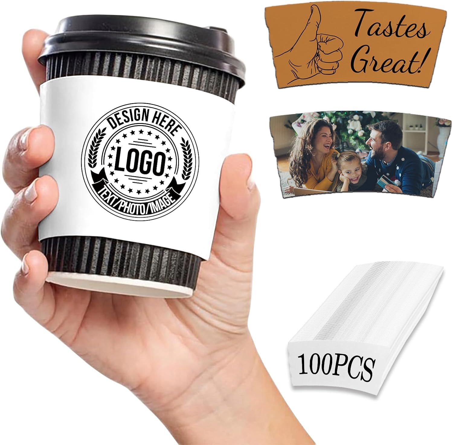 10-1000PCS Custom Coffee Cup Sleeves Custom Business Logo Disposable Cup Sleeves Personalized Paper Coffee Sleeve for Events Gift Wedding Party Anniversary Engagement 100PCS