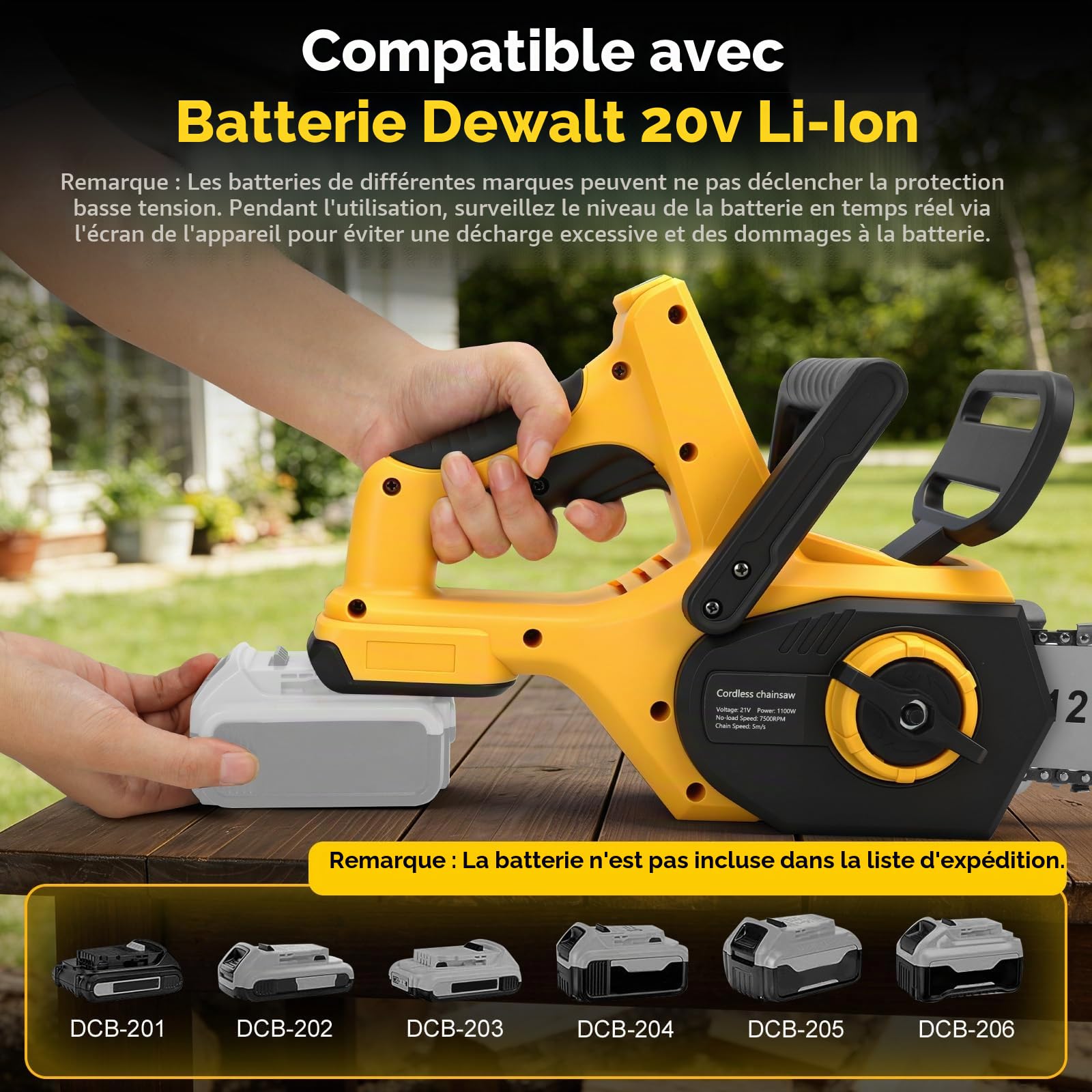 Tronçonneuse sans fil de 30 cm compatible avec batterie Dewalt 20 V, scie à chaîne manuelle sans balais de 30 cm, scies électriques avec 2 chaînes, huileur automatique et tension de chaîne, outil de