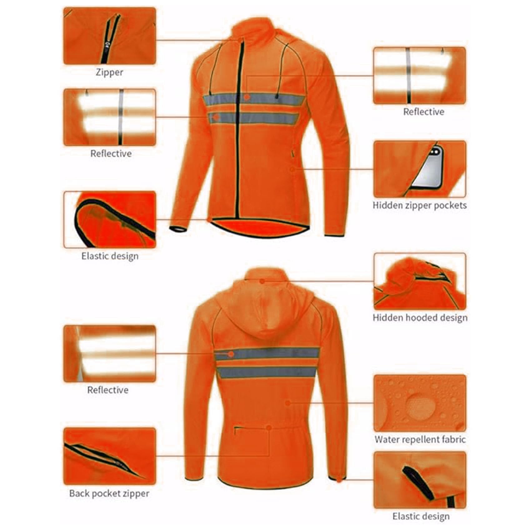 Męska lekka kurtka rowerowa High Vis, oddychająca, kurtka rowerowa, kurtka rowerowa Mtb, kurtka przeciwdeszczowa do biegania, wędrówek pieszych i spacerów,Orange-CHN4XL/EUR3XL