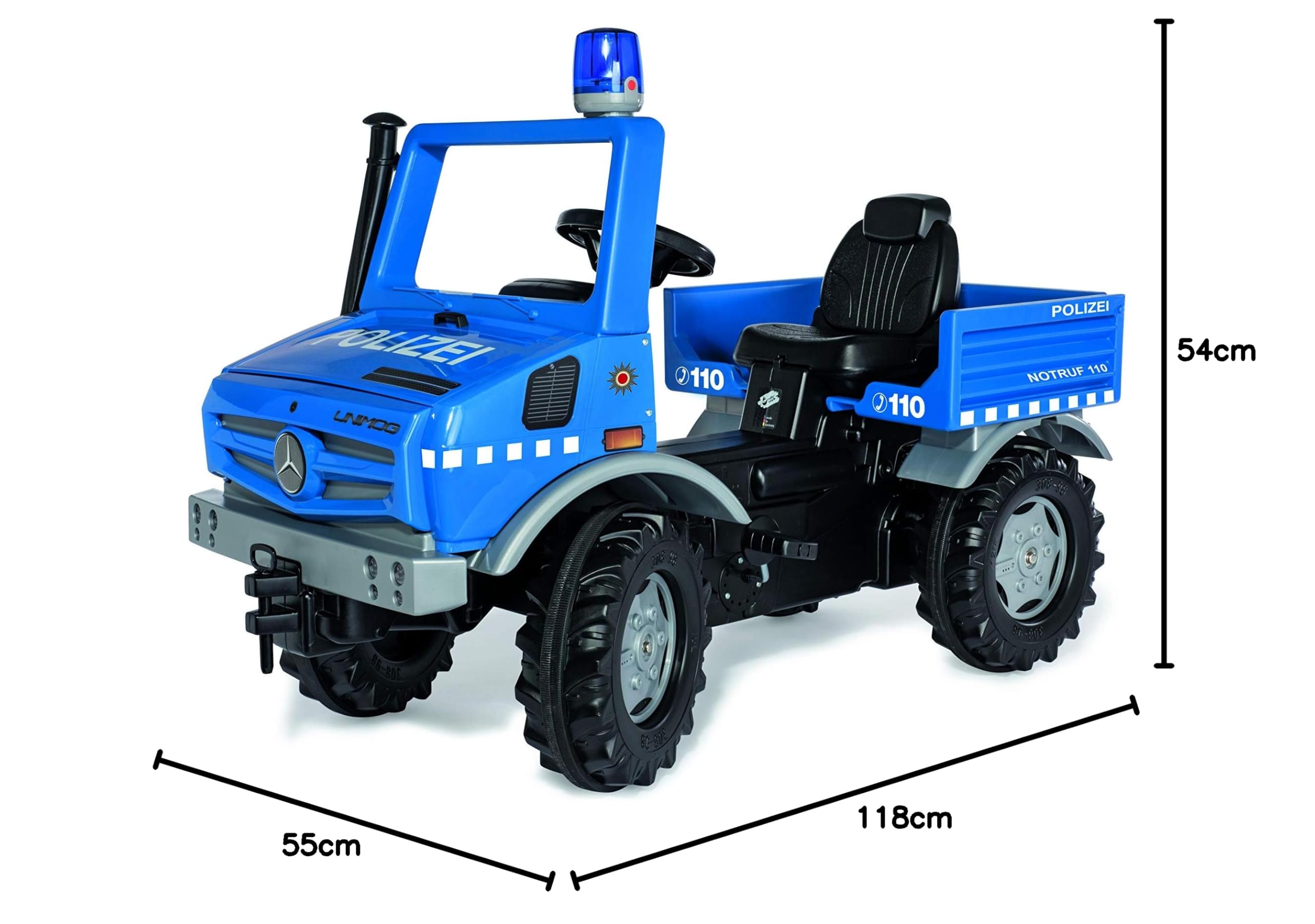 Rolly Toys Unimog 038251 Voiture de Police à Conduire soi-même avec pneus Silencieux et feu Clignotant - Voiture à pédale à partir de 3 Ans - Grande Taille - Bleu