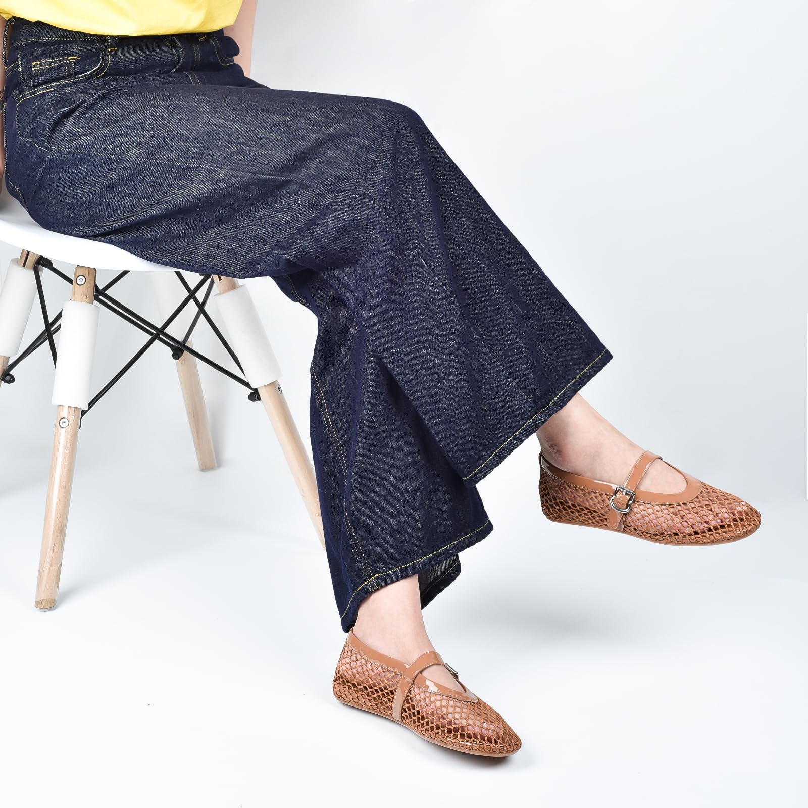 Adrizzlein Ballerines plates en maille pour femme avec sangle à boucle - Large largeur - Style décontracté - Pour l'été