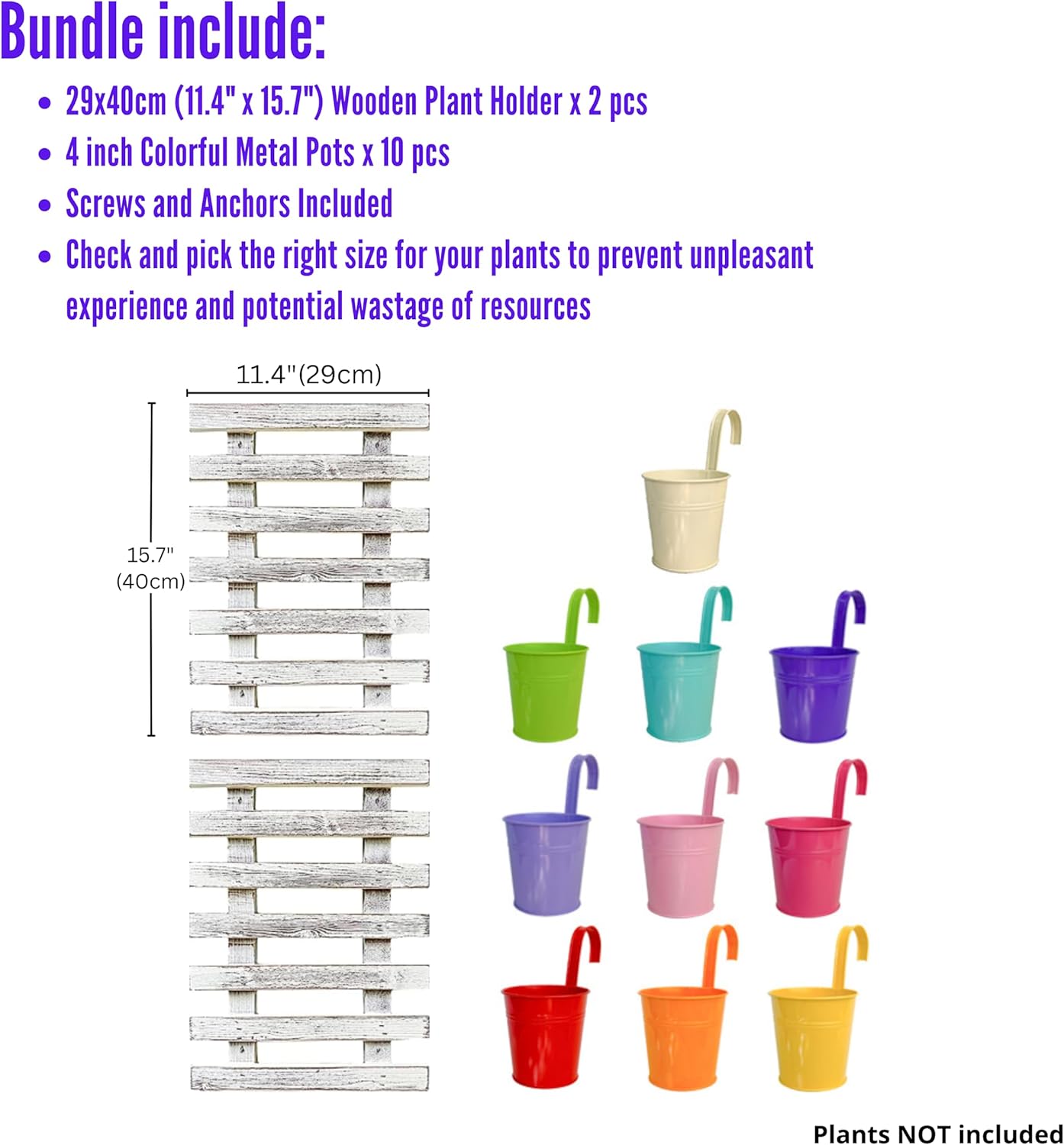 LalaGreen Bundle - 4" Pot + 2 Wooden Plant Holder, Colorful Metal Round Flower Pots, White Wooden Wall Hanging Planter, Wall Plants Holder for Flower Pot Indoor Outdoor Wooden Ladder Vertical Garden