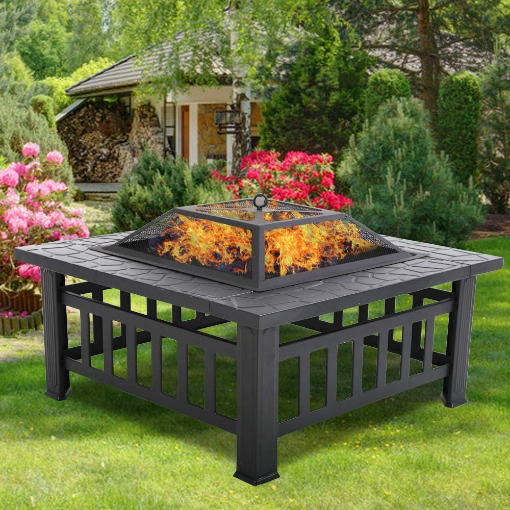 32inch Portable Fire Pit Table - Multi-Purpose Square Outdoor Fireplace, Metal Firepits for Outside w/Strong Steel Frame and Waterproof Cover, for Party, Picnic, Camp, and BBQ