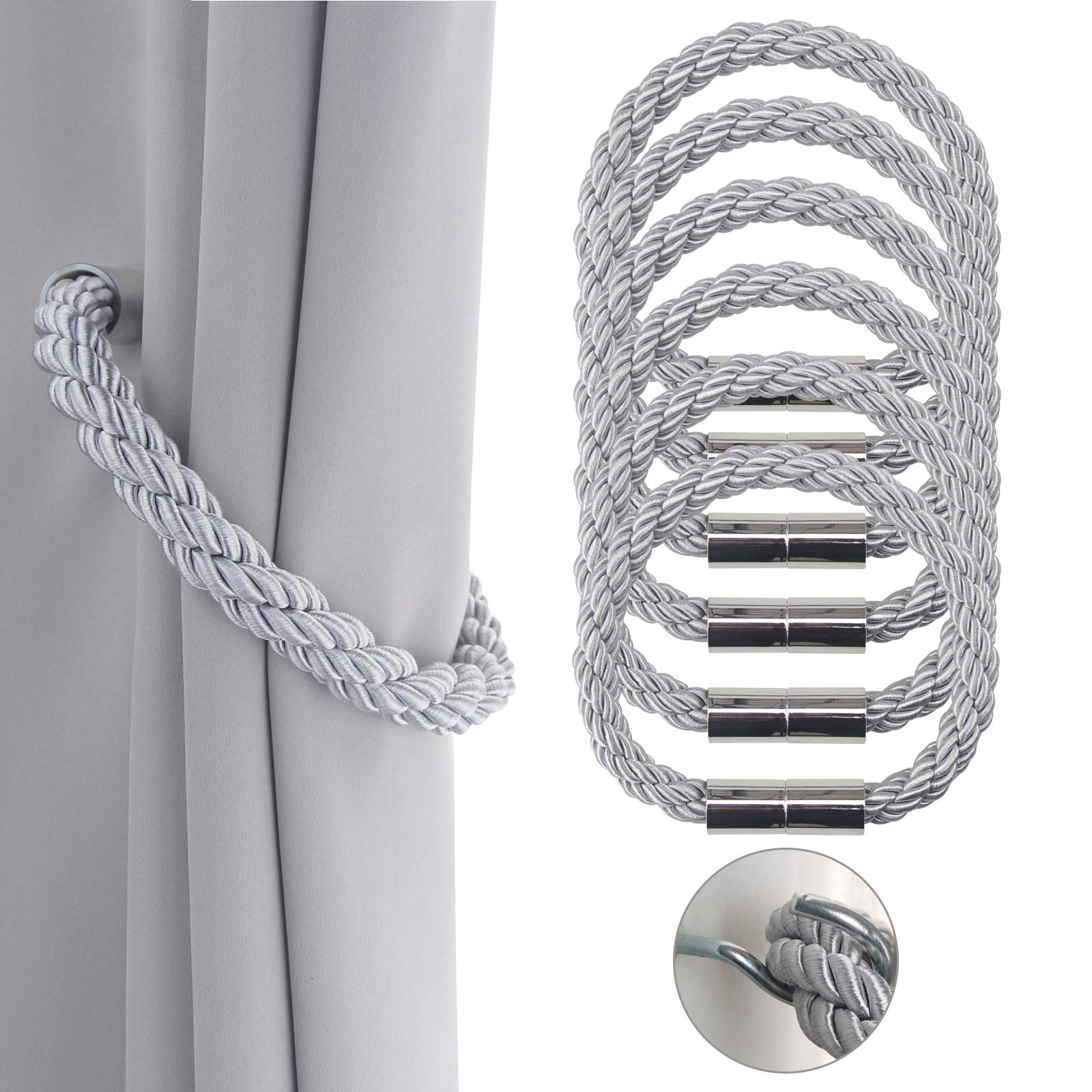 Lot de 6 embrasses de rideaux magnétiques solides - Gris - 50 cm - Attaches pratiques pour rideaux fins ou épais avec crochets en métal - Légèrement lourdes