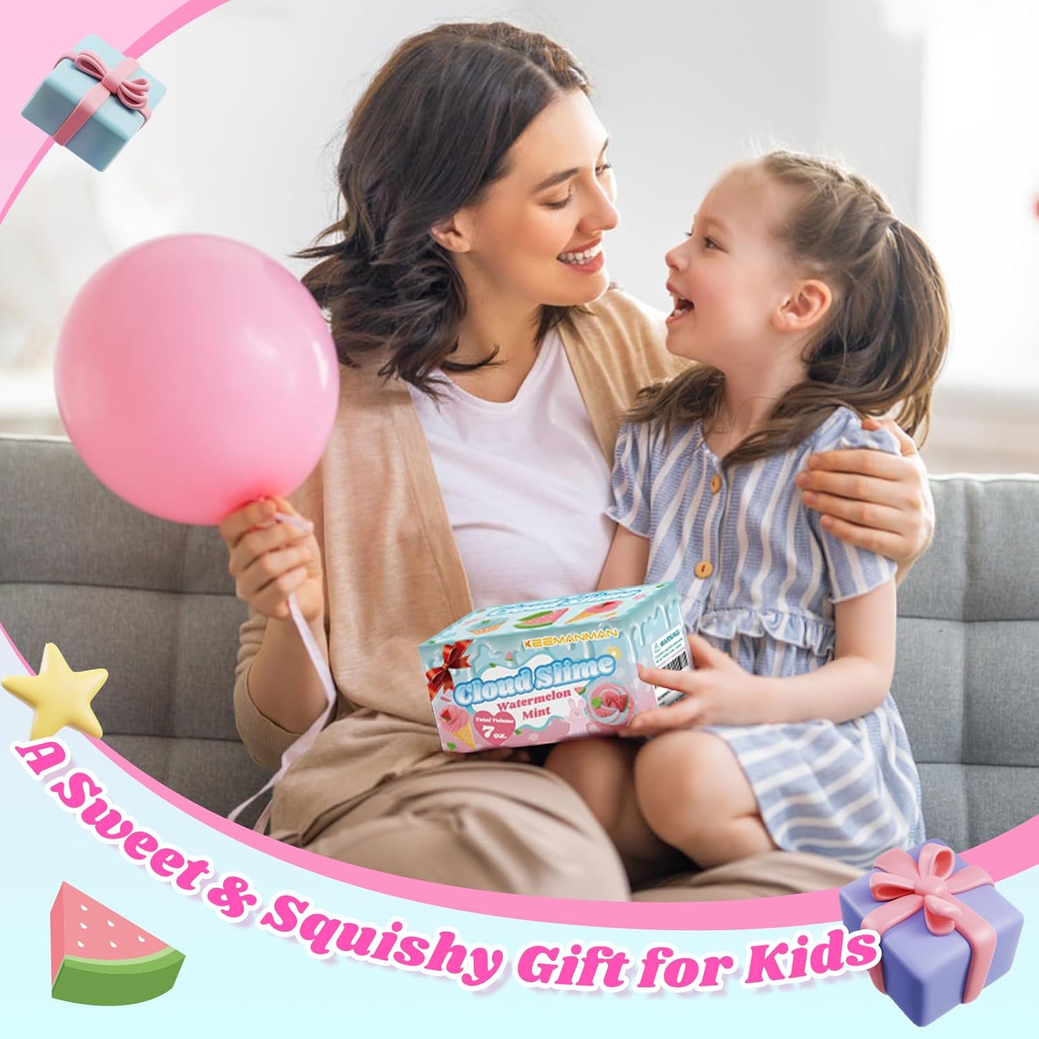 2 Pack Cloud Slime Kit with Red Watermelon and Mint Charms, Scented DIY Slime Supplies for Girls and Boys, Stress Relief Toy for Kids Education, Party Favor, Gift and Birthday