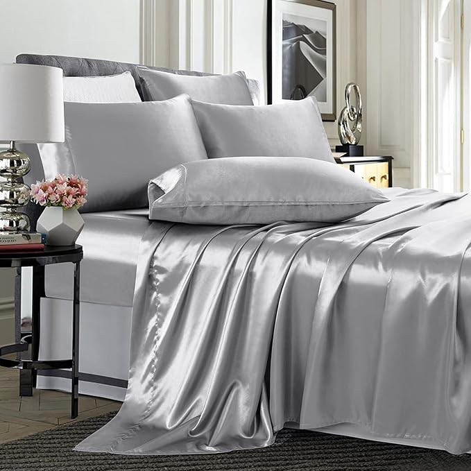 TREELY 6 Piece Satin Sheets Queen Size Silky Smooth Silver