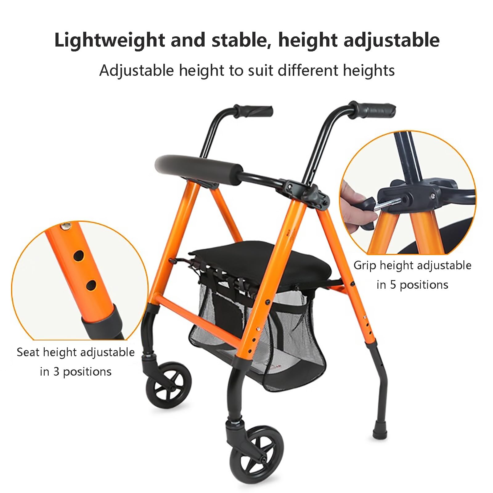 Składane Rolki dla Seniorów, z Siedziskiem i Etui Przechowywania, Walking Frame z 6" Uniwersalnym Przednim Kołem, Pomoc w Poruszaniu Się dla Pacjentów w Podeszłym Wieku