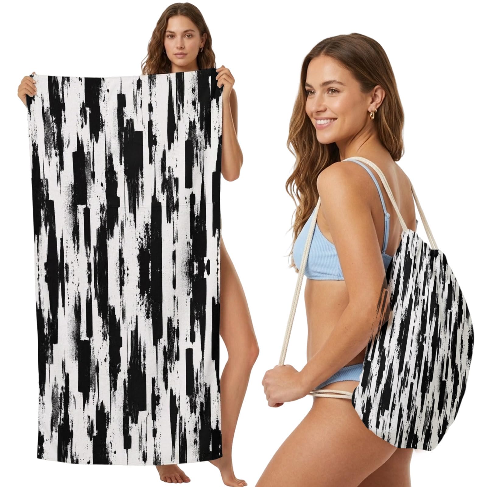 Beach Towel Bag 2 in 1 Black Abstract Lines Bath Pool Towels Backpack Graffiti Vertical Stripes Absorbent Beach Towel Soft Quick Dry Lightweight Packable Towels Drawstring Bag for Travel Sports Yoga