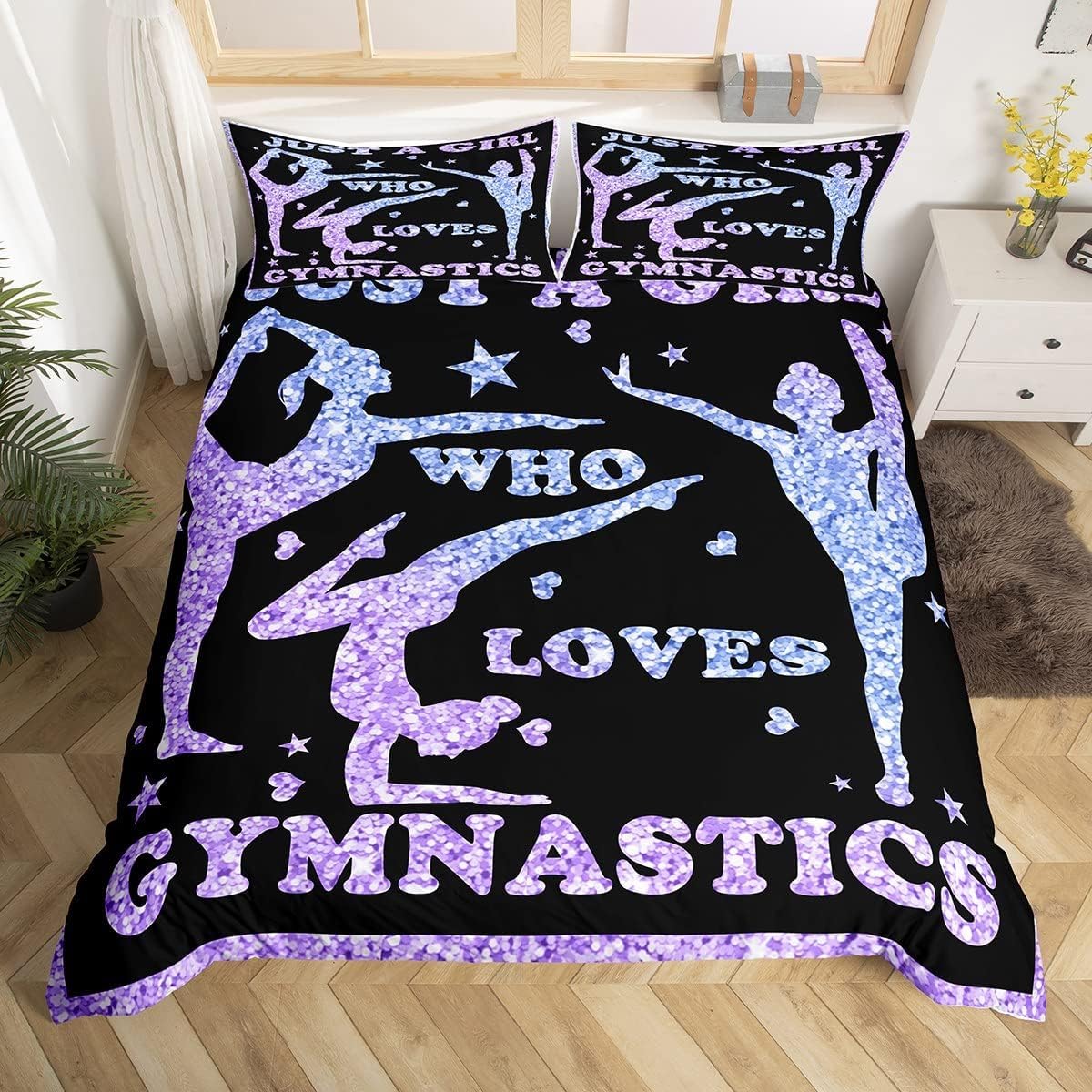 Homemissing Single Gymnastics Bedding Set Gymnastics Enthusiasts Comforter Cover Set Gymnastics Sports Decoration Duvet Cover Purple Sparkling Bedroom Decoration Comforter Cover Set