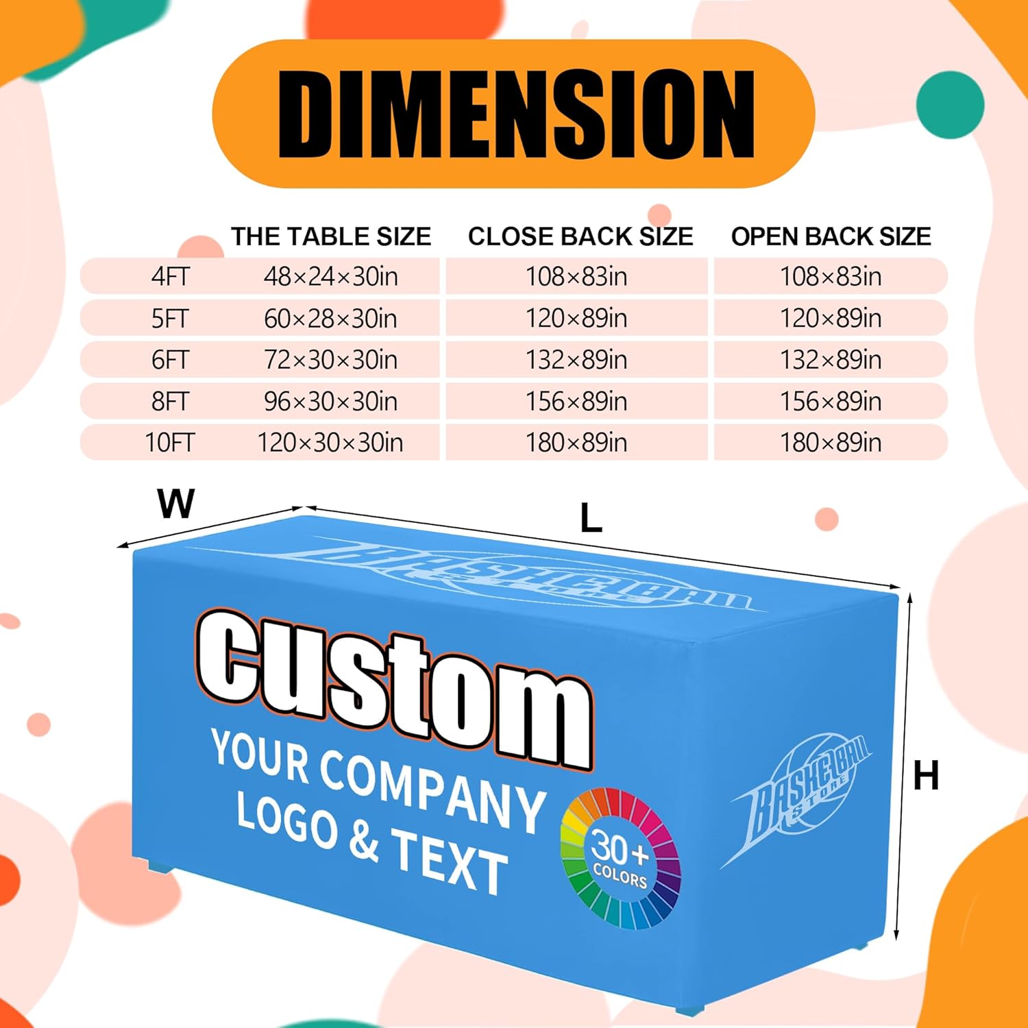 Custom Table Cloth with Business Logo Text 4/5/6/8/10FT，Table for Business Tradeshow Events Birthday Wedding Anniversary Commemorative Decoration Tradeshow Custom Tablecloth (4FT Open Back)