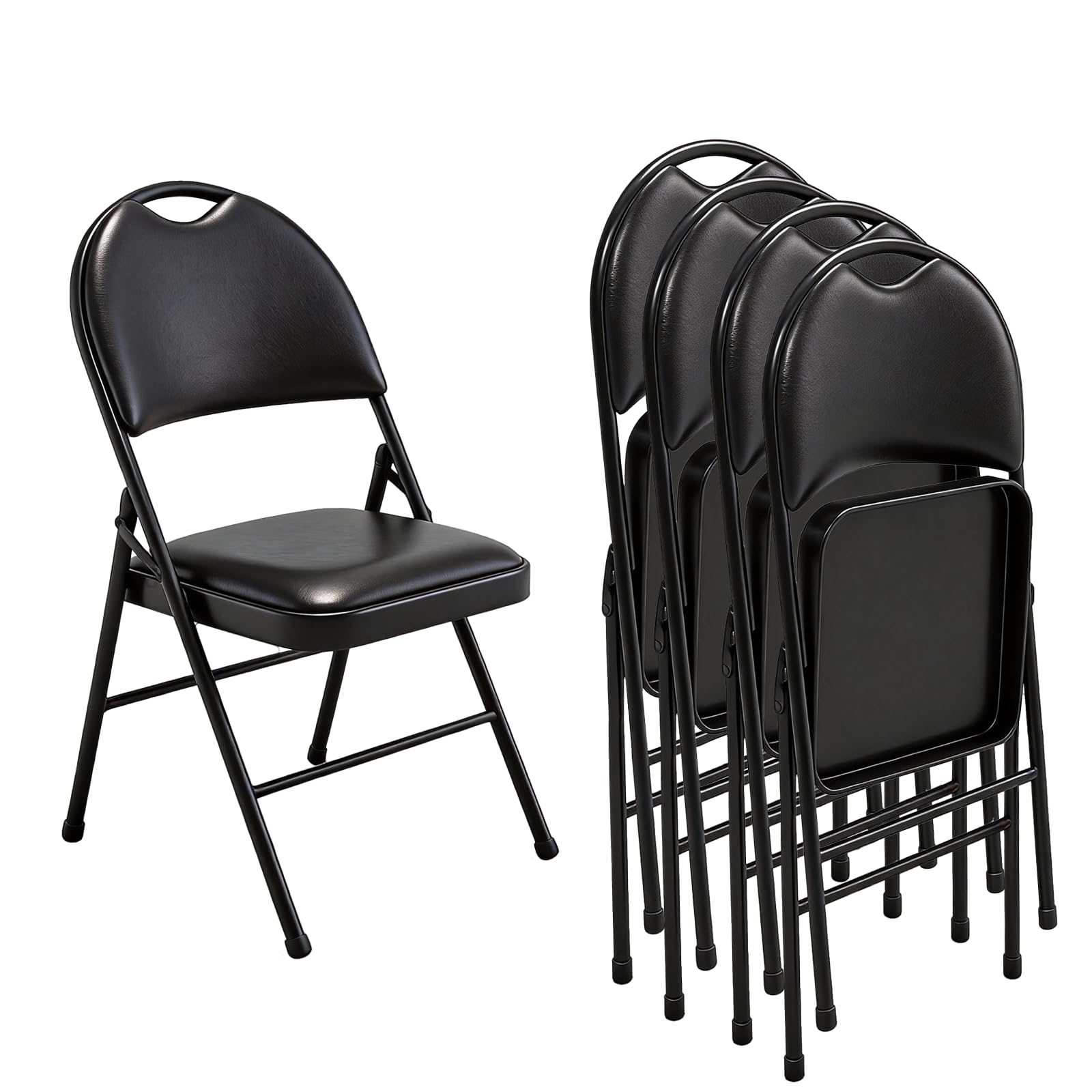 Chaise Pliante en Cuir PU Rembourrée avec Poignée, Siège Portable avec Coussin Épais et Cadre en Métal Solide, Confortable pour Maison, Bureau, Fêtes (4, Noir)