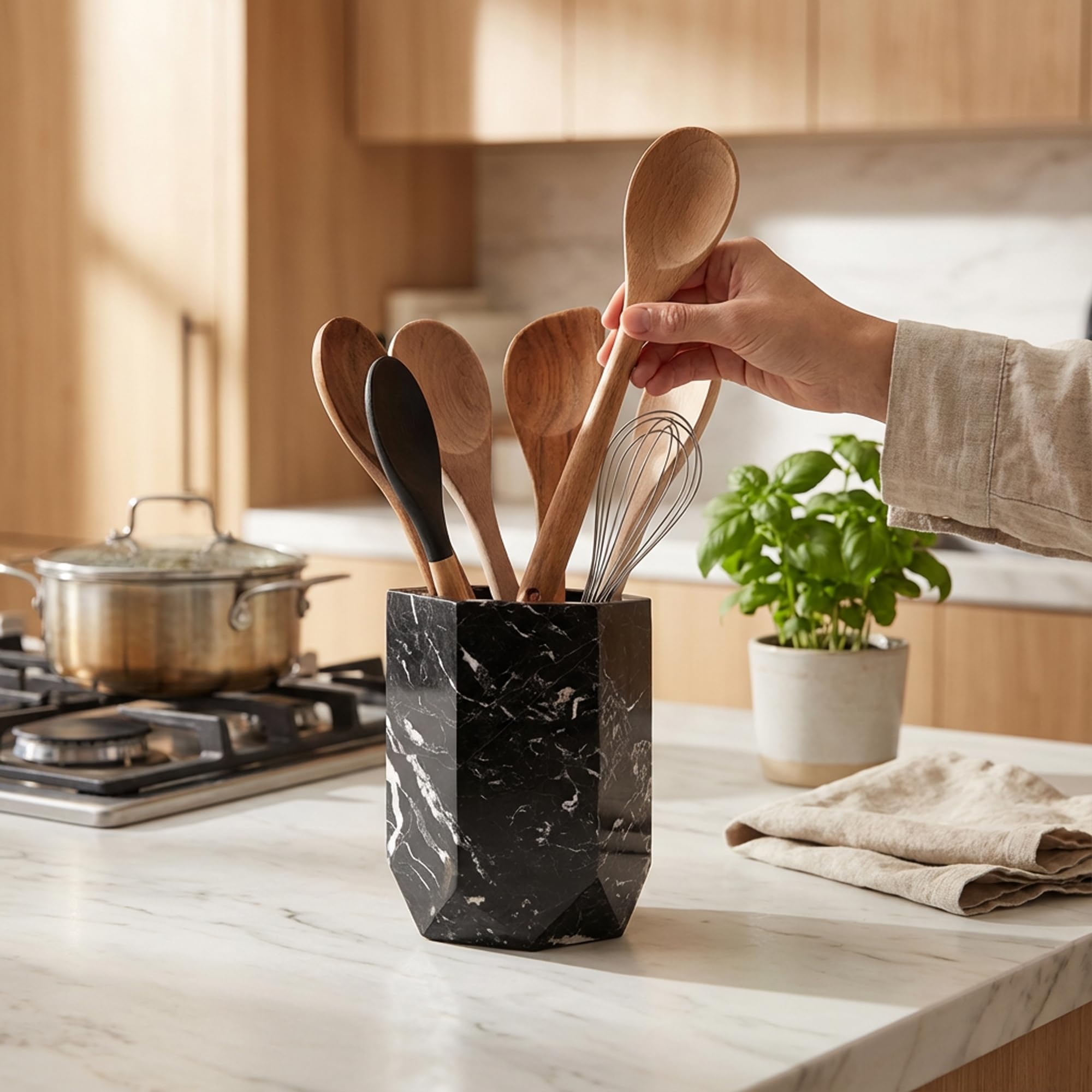 Radicaln Soporte para utensilios de mármol de 6.5 pulgadas, juego de espátulas negras para encimera de cocina, tarro de utensilios de cocina ideal y organizador de artículos esenciales de cocina
