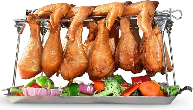 RTT Chicken Leg Rack for Grill with Drip Tray Chicken Wing Rack- Easy to Use 12 Slots - Premium Stainless Steel Chicken Drumstick Rack for Smoker - Chicken Drumstick Holder for Grill Accessories