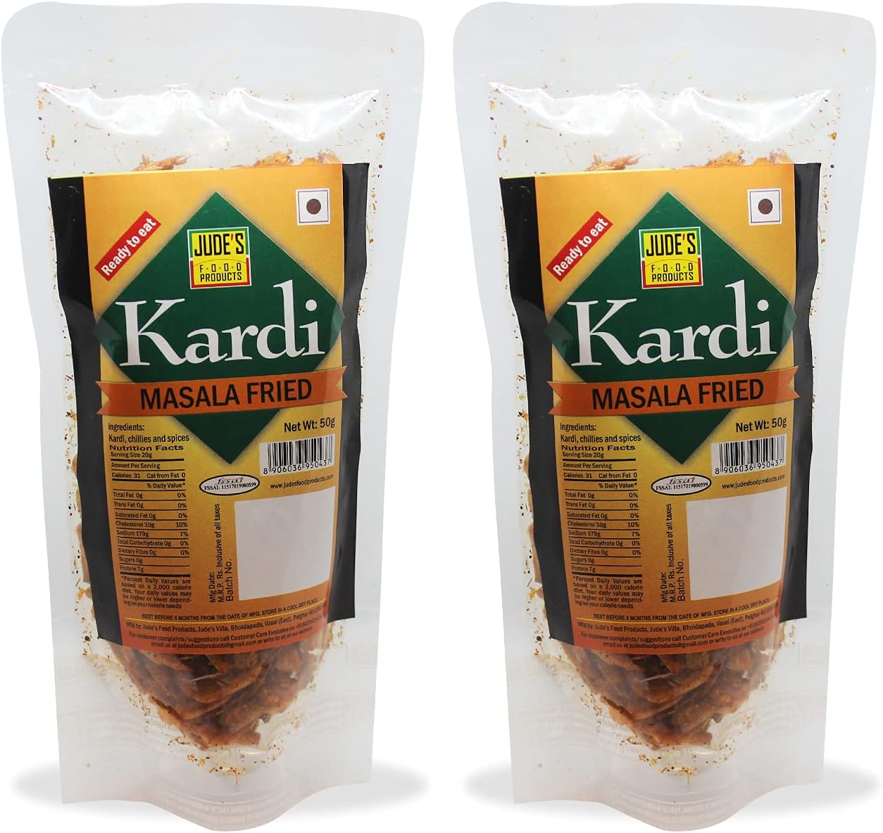 Jude's Food Products - Masala Fried Kardi | Dried Sea Prawns, Seafood |Cleaned & Cooked with Spices | Ready to Eat | No Added Color, Flavors | Dried Fish Snack, Food Accompaniment | Pack of 2 x 50 gms