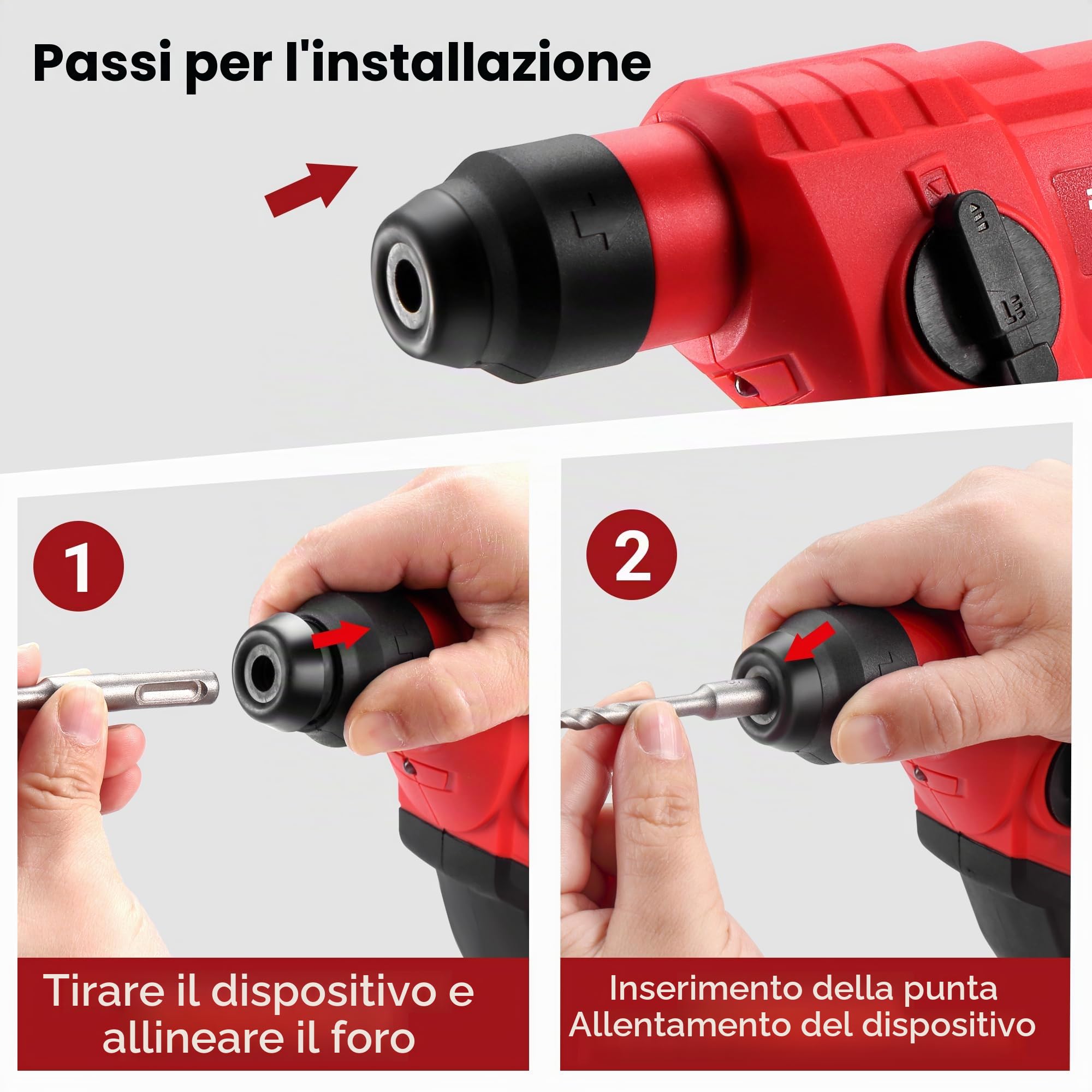 TEENO Martello perforatore senza fili SDS-Plus 20V, Φ14MM in calcestruzzo, 1000 giri/min,Lampada da lavoro a LED con 1 batteria 2.0Ah e 1 caricatore