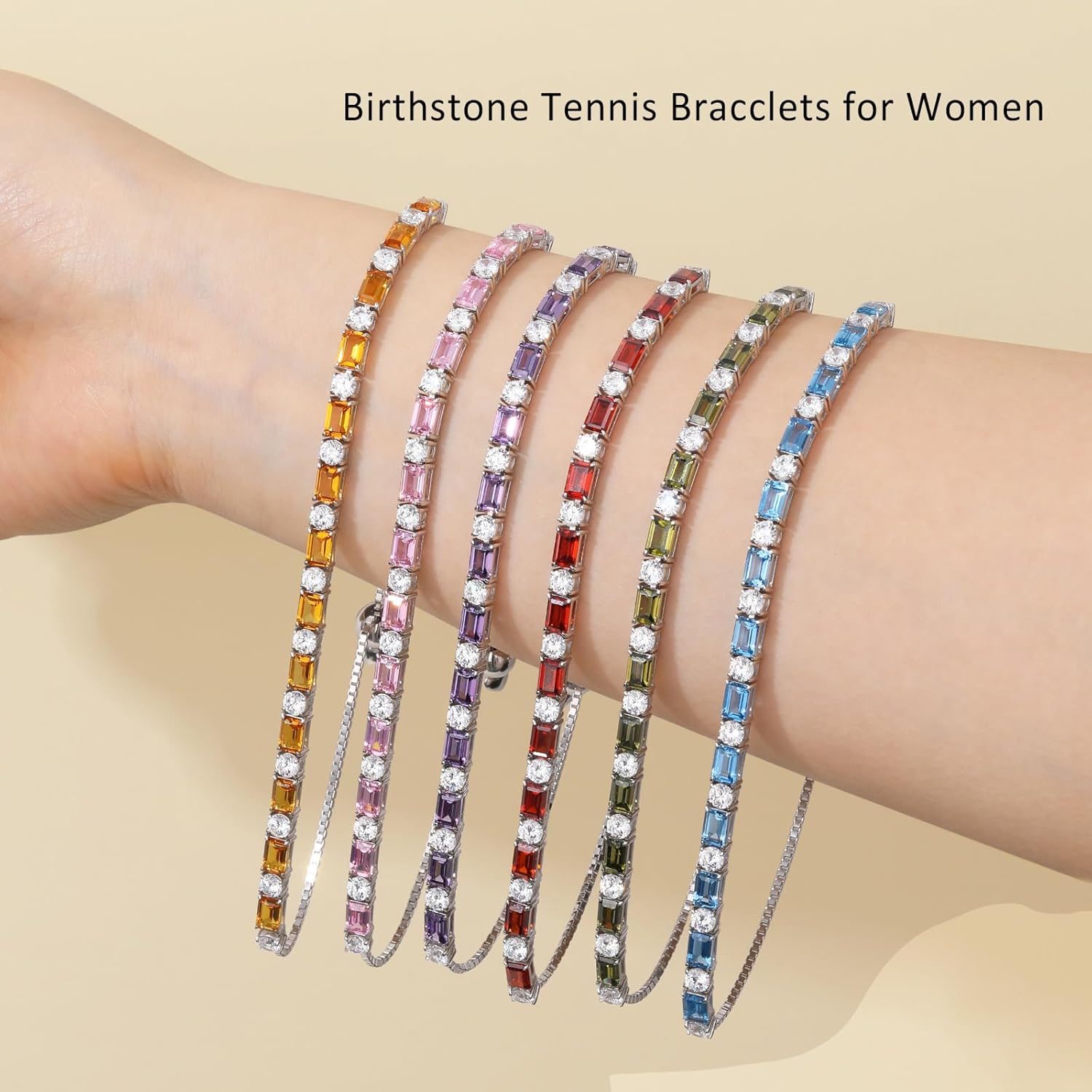 Birthstone Tennis Bracelets for Women White Gold Sterling Silver Gemstone Bracelets Adjustable Chain 6-9 Inchs Jewelry Anniversary Birthday Gifts for Women Mom Wife Her - Image 4