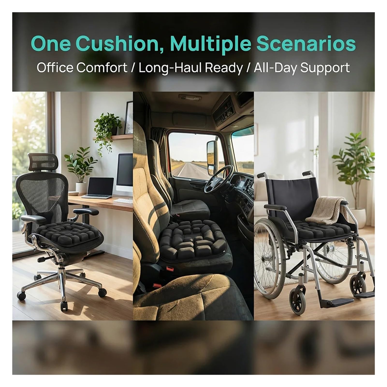 Autositzkissen 3D-Luftdruckentlastungskissen, aufblasbares Lendenwirbelstützkissen, ergonomisch(HF001 Black)