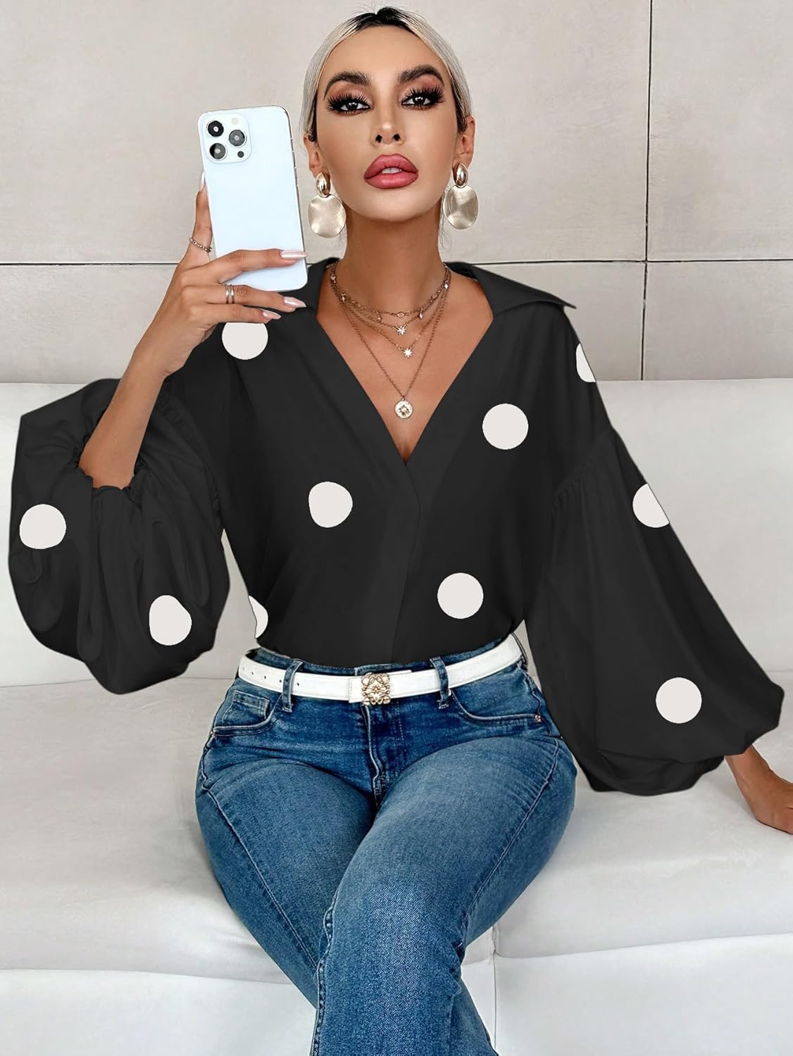 WDIRARA Women's Polka Dots Long Lantern Sleeve Blouse Collared V Neck Top Shirts - Image 5