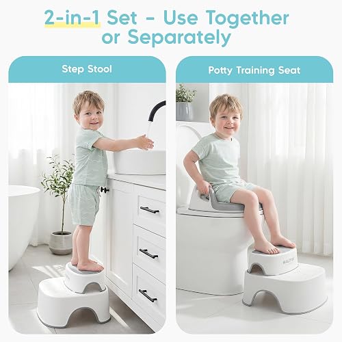 Maliton Riduttore WC Bambini, Design anatomico, Imbottitura morbida rimovibile, Sedile per Vasino con Sgabello (Un Vasino+Due Sgabelli per Bambini), Grigio - 2