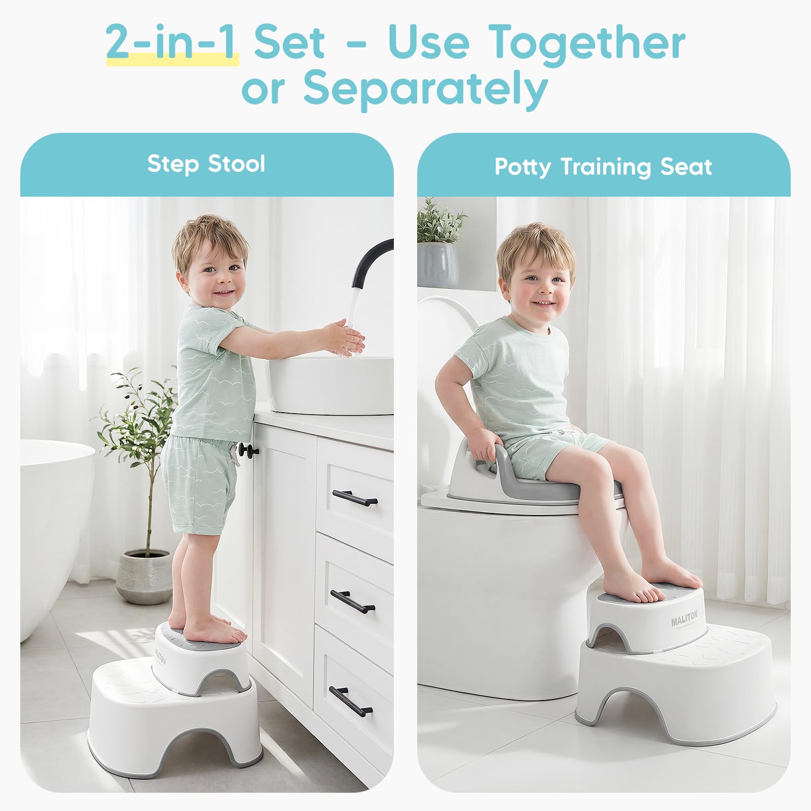 Maliton Riduttore WC Bambini, Design anatomico, Imbottitura morbida rimovibile, Sedile per Vasino con Sgabello (Un Vasino+Due Sgabelli per Bambini), Grigio