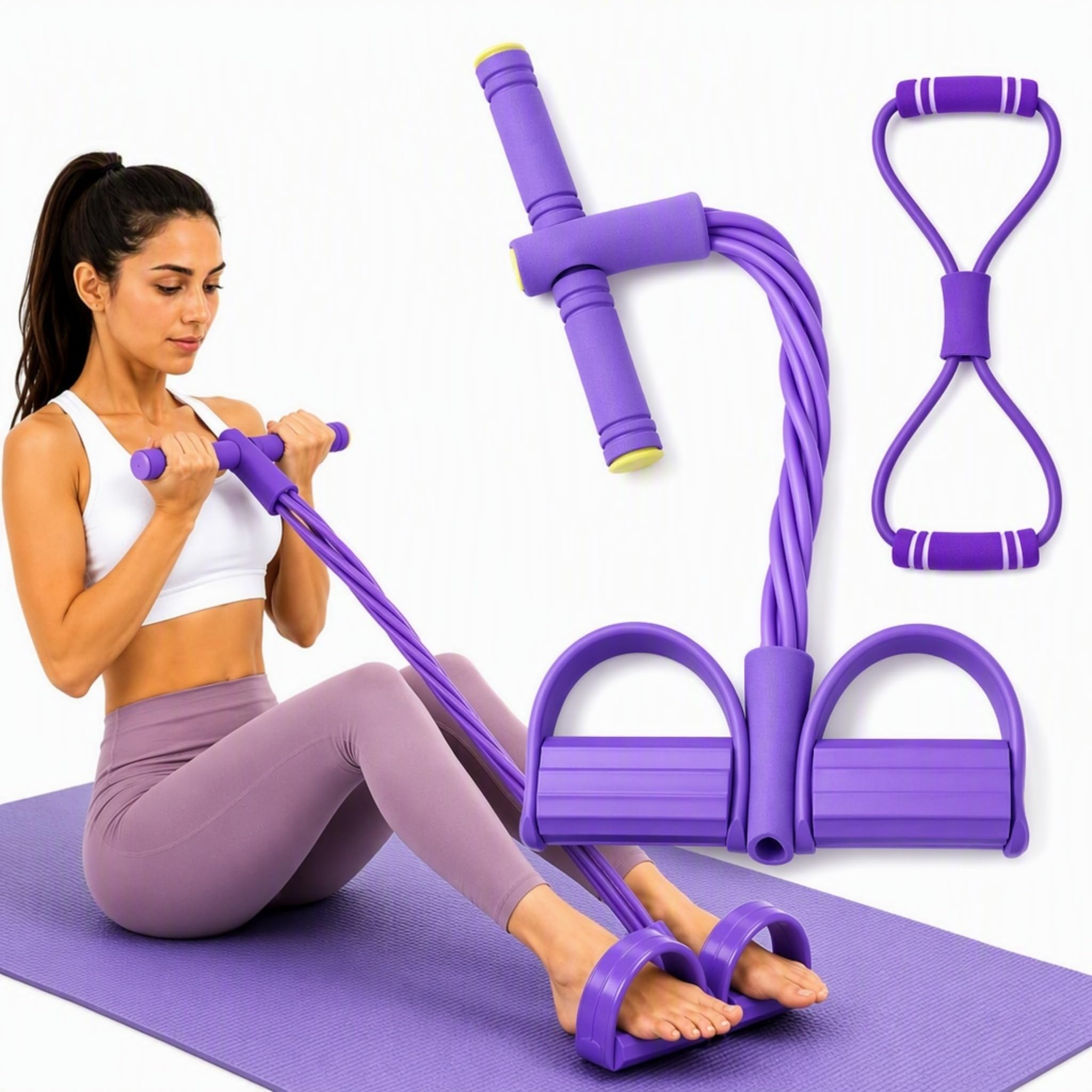 6tube Pedal Resistance Bands with Handle，Sit-Up Training Equipment(purple)