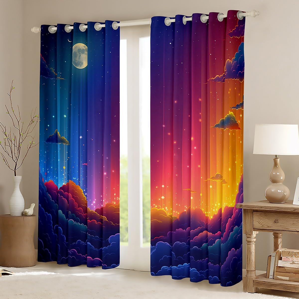 Homemissing Galaxy Clouds Window Treatments Colorful Rainbow Curtains for Kids Boys Girls Glitter Star Window Drapes Galaxy Sky Window Treatments W52*L90 - Image 2