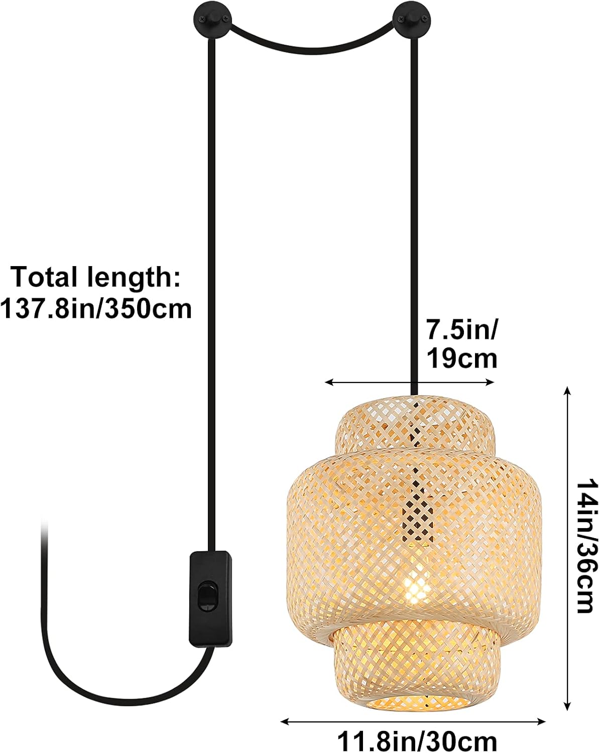 Wicker Plug in Pendant Light with Bamboo Lantern Shape Hand-Woven 1 Hanging Light Fixture for Kitchen Farmhouse Beige Lampshade Natural Chandeliers Ceiling E26 Lighting with Inline On/Off Switch Cord
