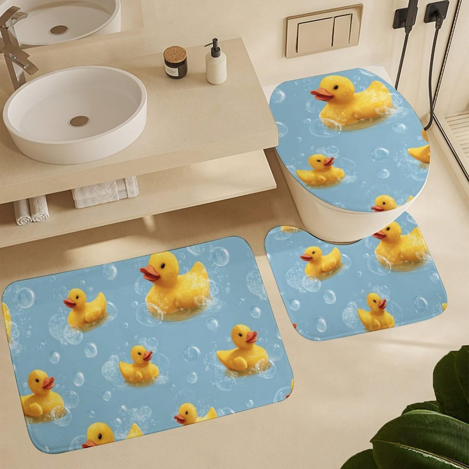 Rubber Ducks Bubbles 4Pcs Shower Curtain Sets with Non-Slip Rugs,Toilet Lid Cover and Bath Mat,Waterproof Shower Curtains Bathroom Decor Set Home Decor