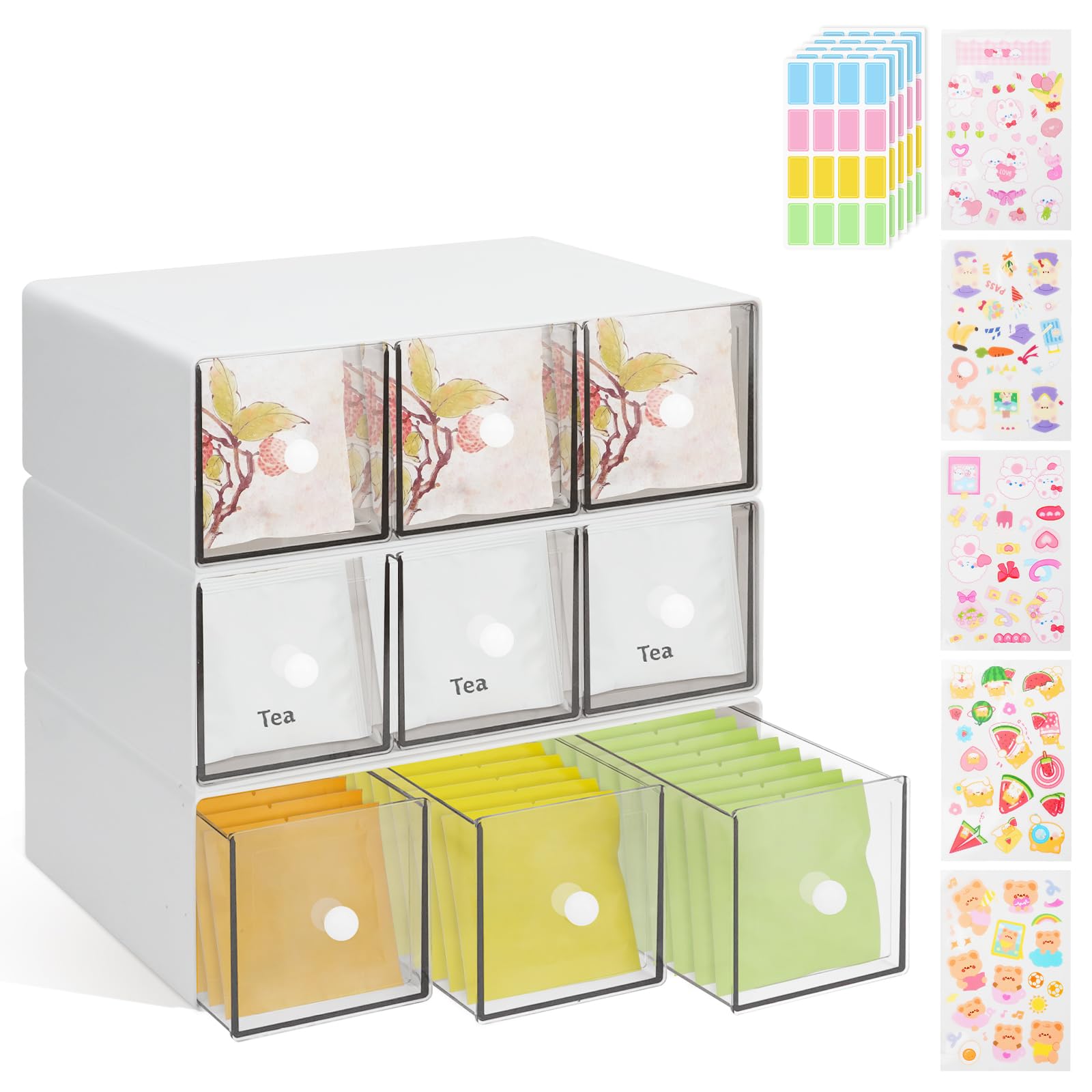 3 packs Organisateur Sachets de thé en Plastique, Empilables Boîte à thé avec 3 Tiroirs Conteneur de Stockage pour Sachets de thé Sucre Dosettes Café, Porte-paquets Organiseur Cuisine Boîte