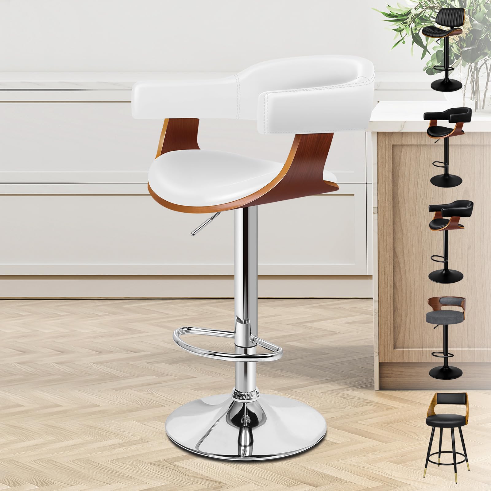 ALFORDSON Bar Stool, Adjustable Barstool PU Leather, 360° Swivel Wooden Kitchen Chair with Backrest and Footrest, for Dining Room Pub Bar Countertop, 150KG Loads, White (1 Pc) — image 1
