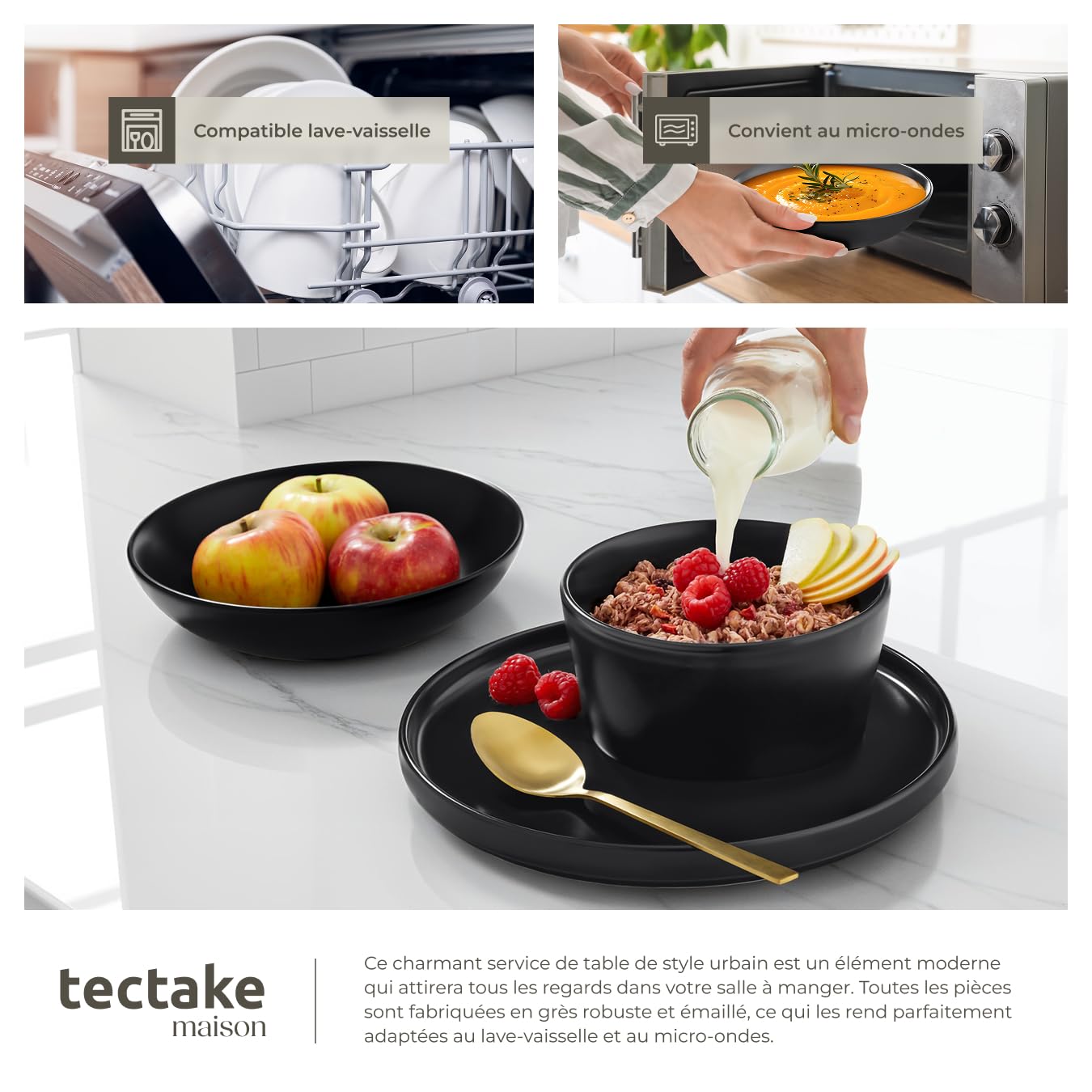 tectake® Service de table 6 personnes Service vaisselle et arts de la table 24p. avec 6x Assiettes creuses 6x assiettes plates 6x assiette à dessert 6x bols petit déjeuner Coupelle soupe Lot assiette